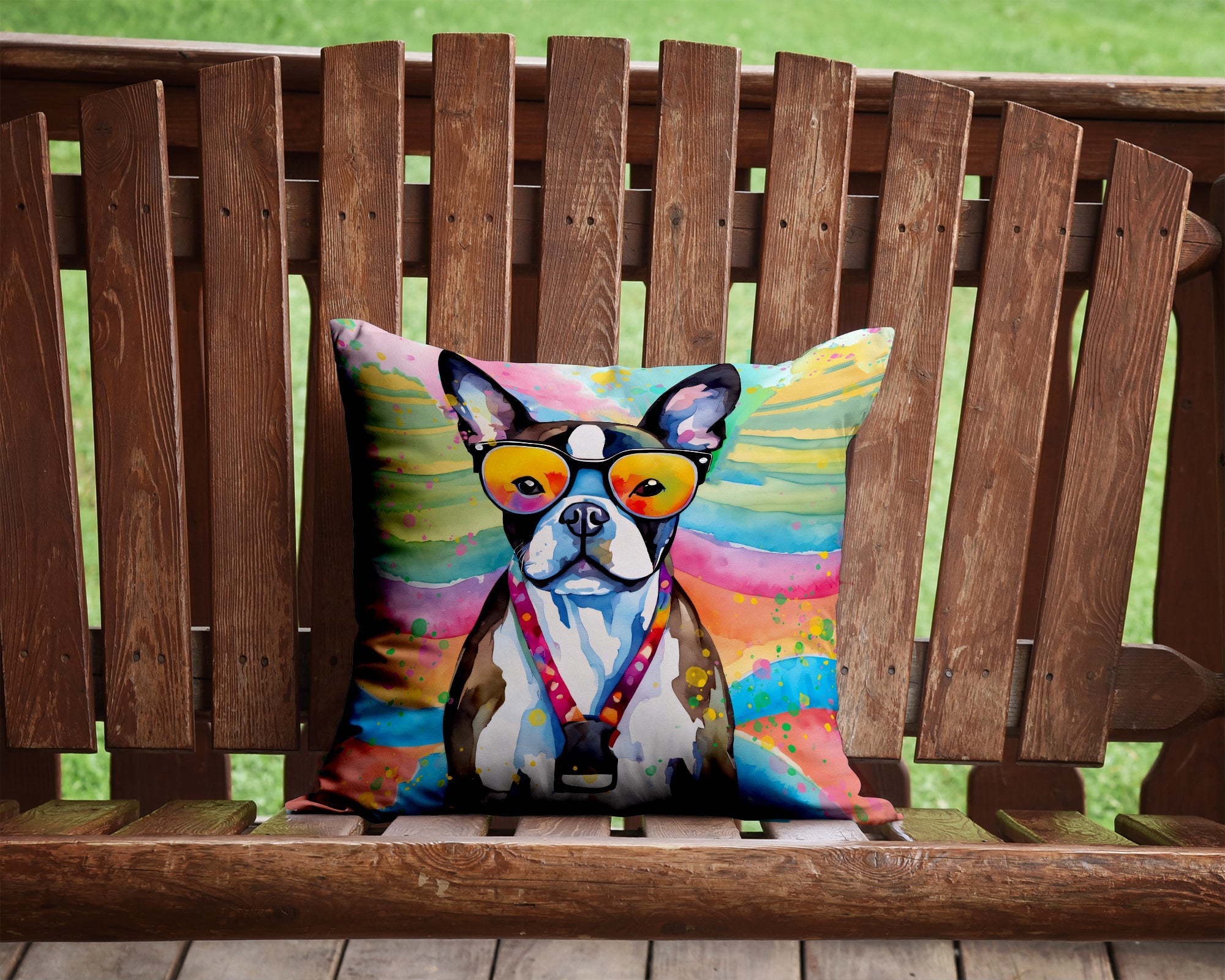 Boston Terrier Hippie Dawg Decorative Throw Pillow 14x14 Indoor Outdoor Accent Cushion, Fabric Cover with Insert for Sofa, Bed, Porch & Living Room
