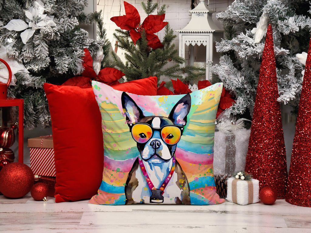 Boston Terrier Hippie Dawg Decorative Throw Pillow 18x18 Indoor Outdoor Accent Cushion, Fabric Cover with Insert for Sofa, Bed, Porch & Living Room