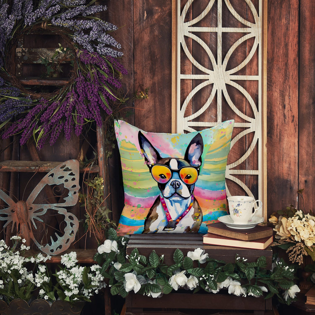 Boston Terrier Hippie Dawg Decorative Throw Pillow 18x18 Indoor Outdoor Accent Cushion, Fabric Cover with Insert for Sofa, Bed, Porch & Living Room