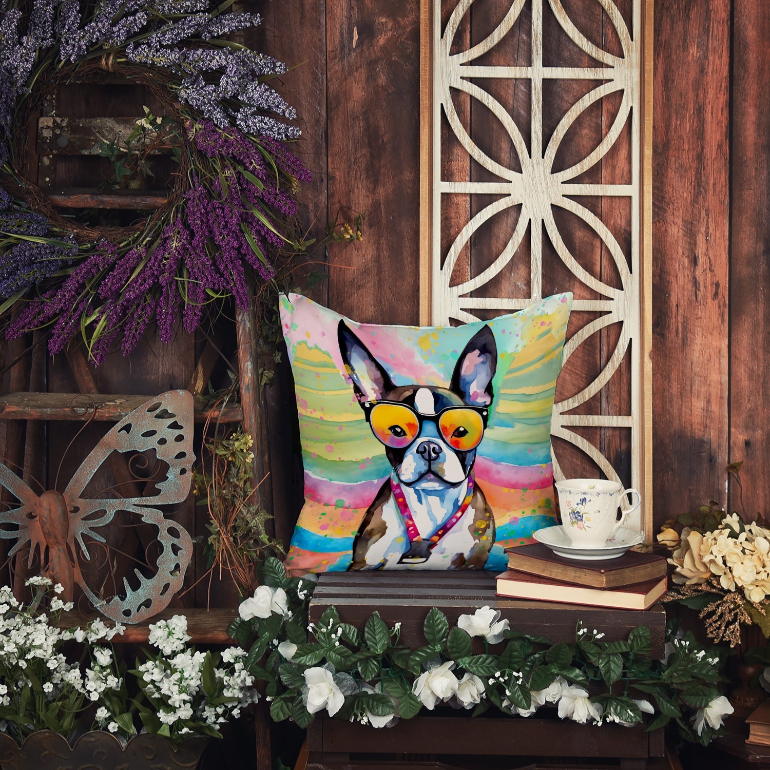 Boston Terrier Hippie Dawg Decorative Throw Pillow 18x18 Indoor Outdoor Accent Cushion, Fabric Cover with Insert for Sofa, Bed, Porch & Living Room