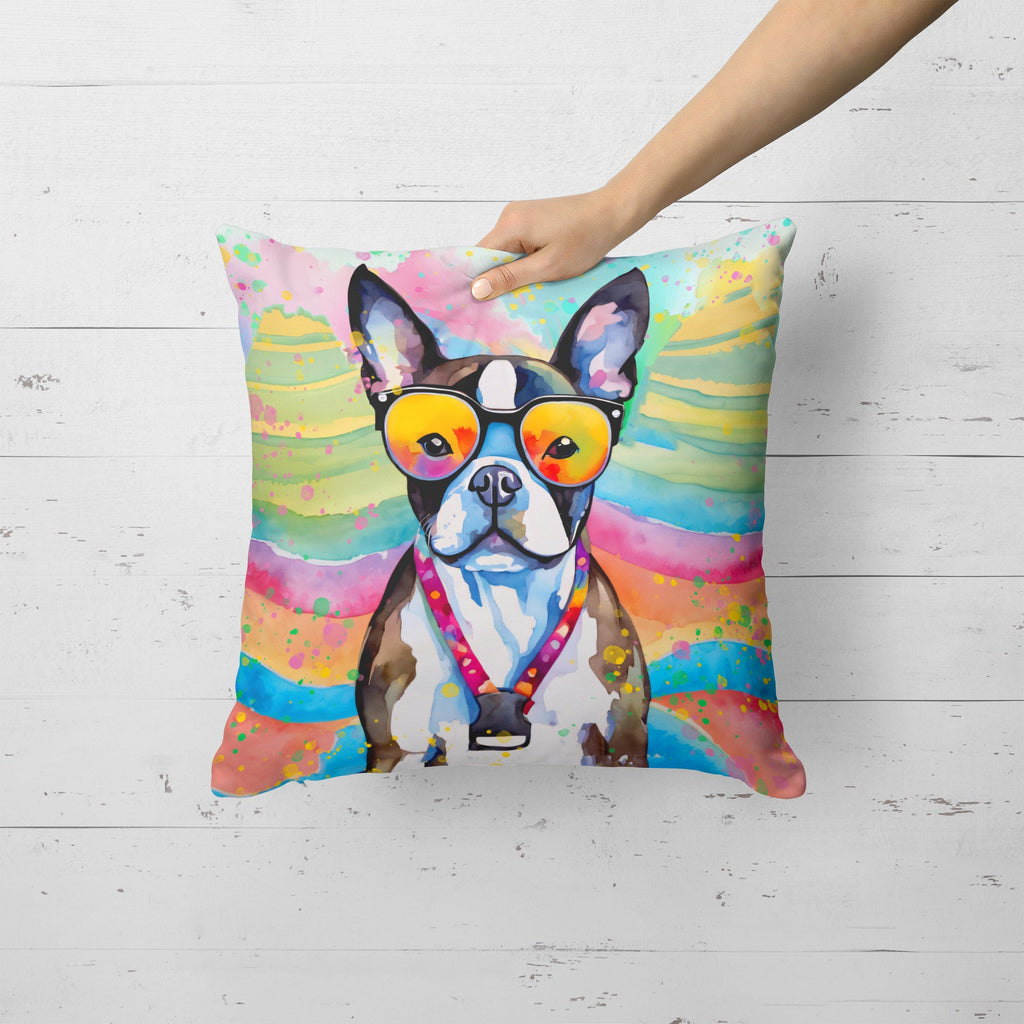 Boston Terrier Hippie Dawg Decorative Throw Pillow 18x18 Indoor Outdoor Accent Cushion, Fabric Cover with Insert for Sofa, Bed, Porch & Living Room