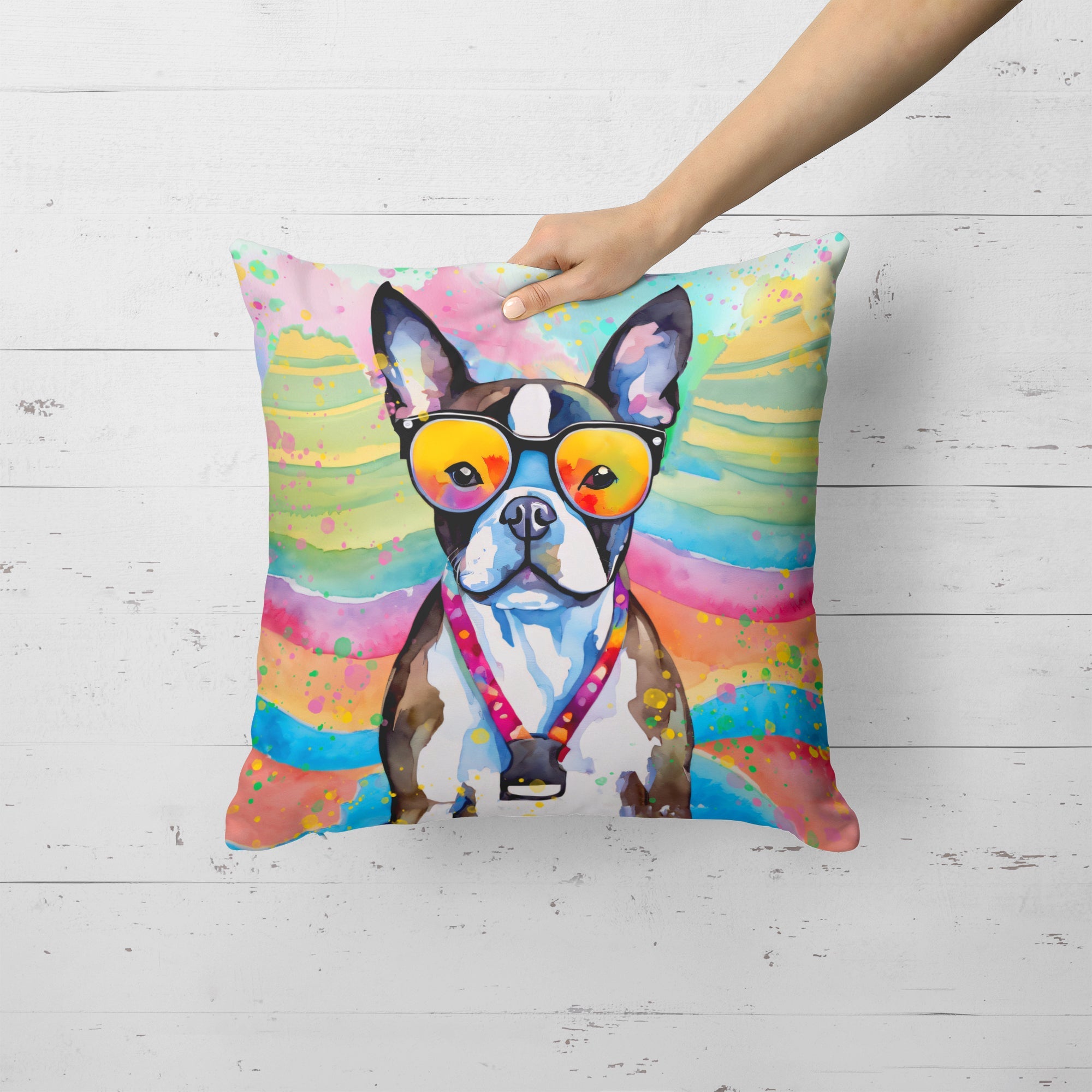 Boston Terrier Hippie Dawg Decorative Throw Pillow 18x18 Indoor Outdoor Accent Cushion, Fabric Cover with Insert for Sofa, Bed, Porch & Living Room