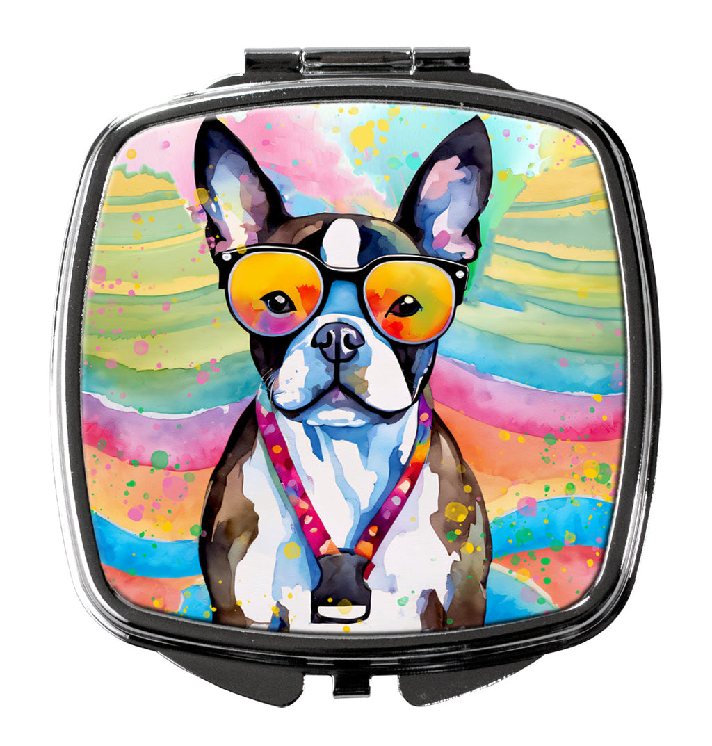 Boston Terrier Hippie Dawg Compact Mirror Decorative Travel Makeup Mirror for Women Girls Gifts Pocket Makeup Mirror Folding Handheld