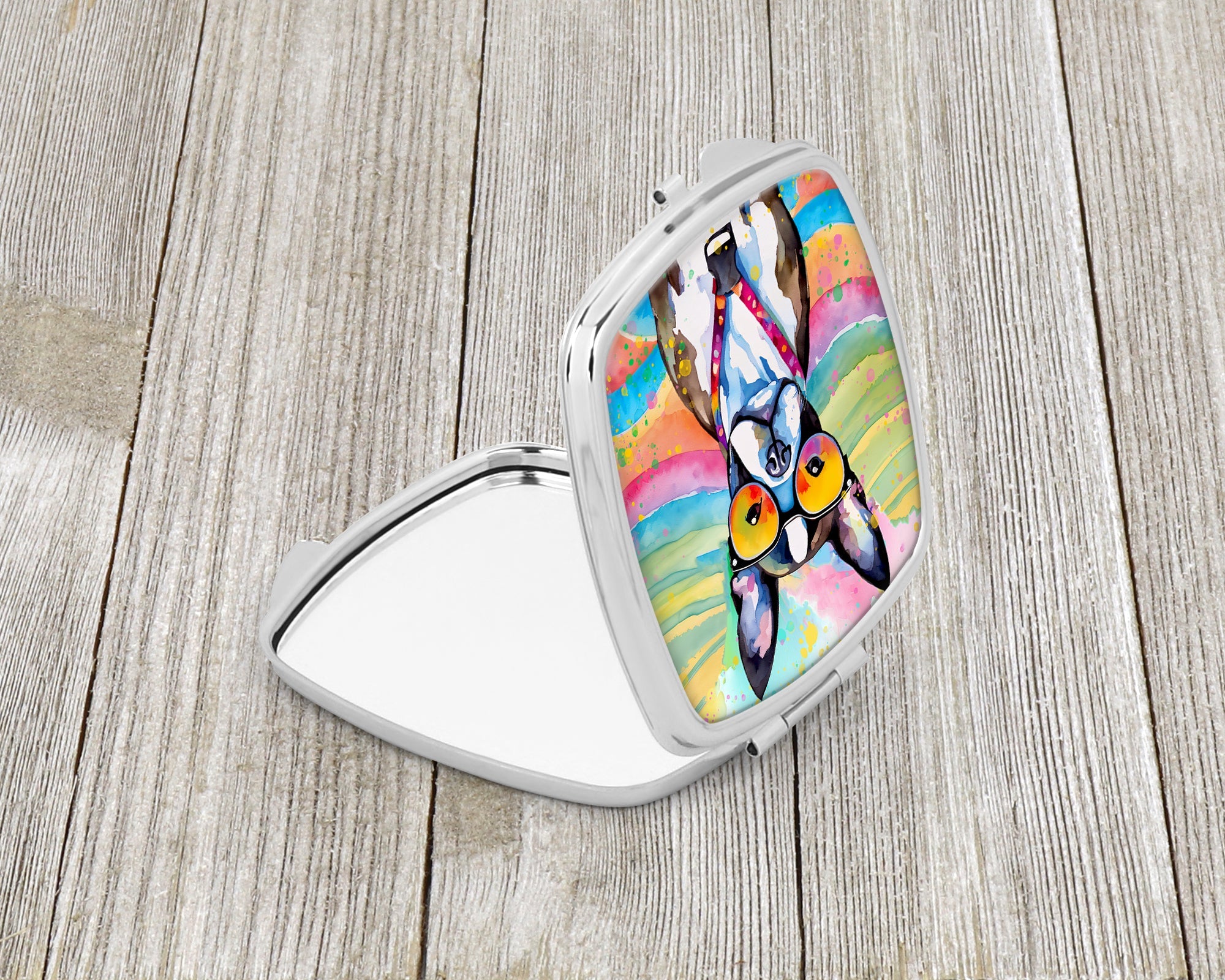 Boston Terrier Hippie Dawg Compact Mirror Decorative Travel Makeup Mirror for Women Girls Gifts Pocket Makeup Mirror Folding Handheld