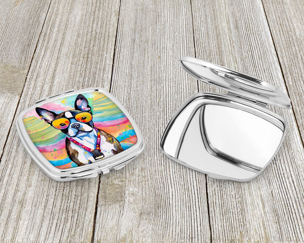 Boston Terrier Hippie Dawg Compact Mirror Decorative Travel Makeup Mirror for Women Girls Gifts Pocket Makeup Mirror Folding Handheld