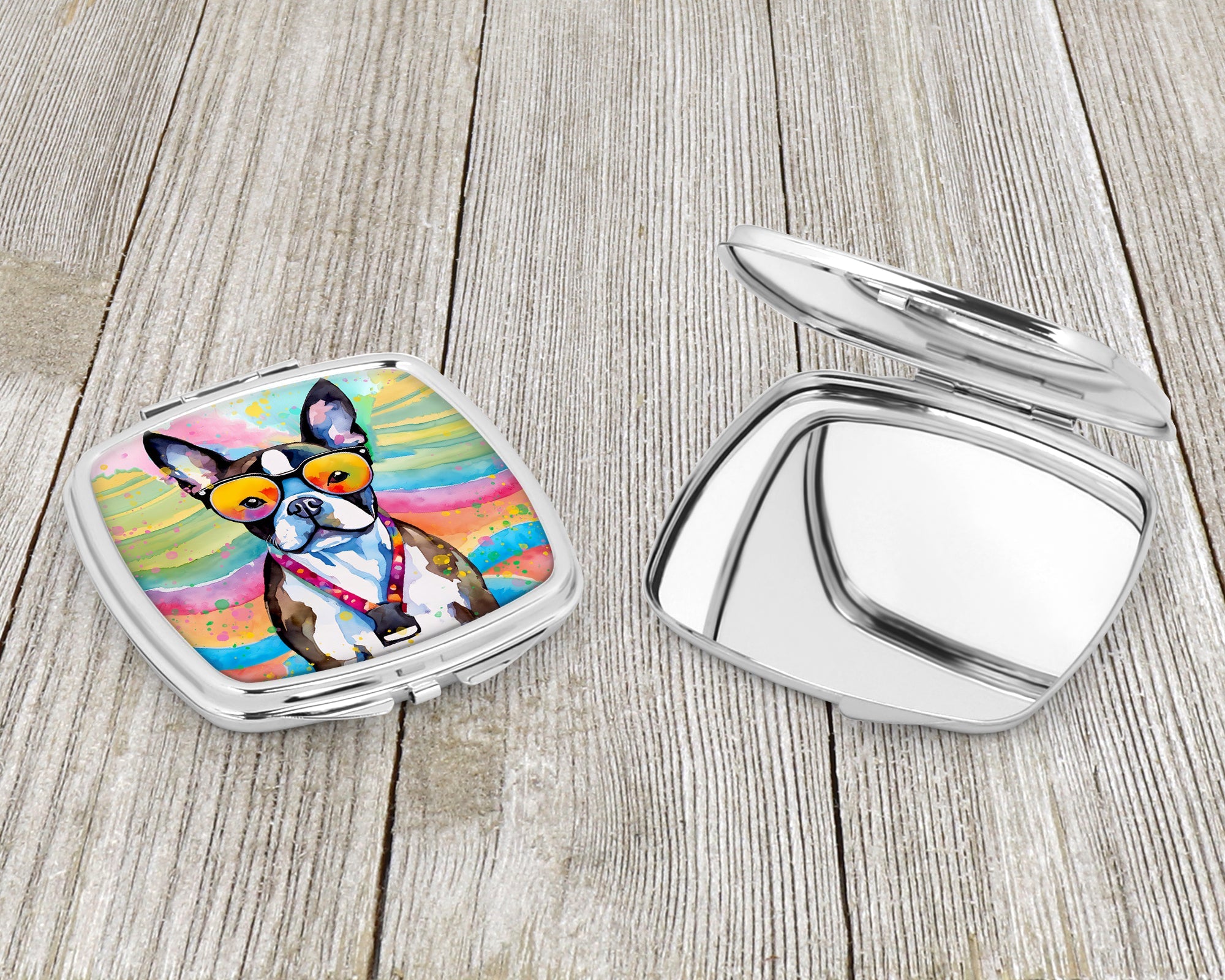 Boston Terrier Hippie Dawg Compact Mirror Decorative Travel Makeup Mirror for Women Girls Gifts Pocket Makeup Mirror Folding Handheld
