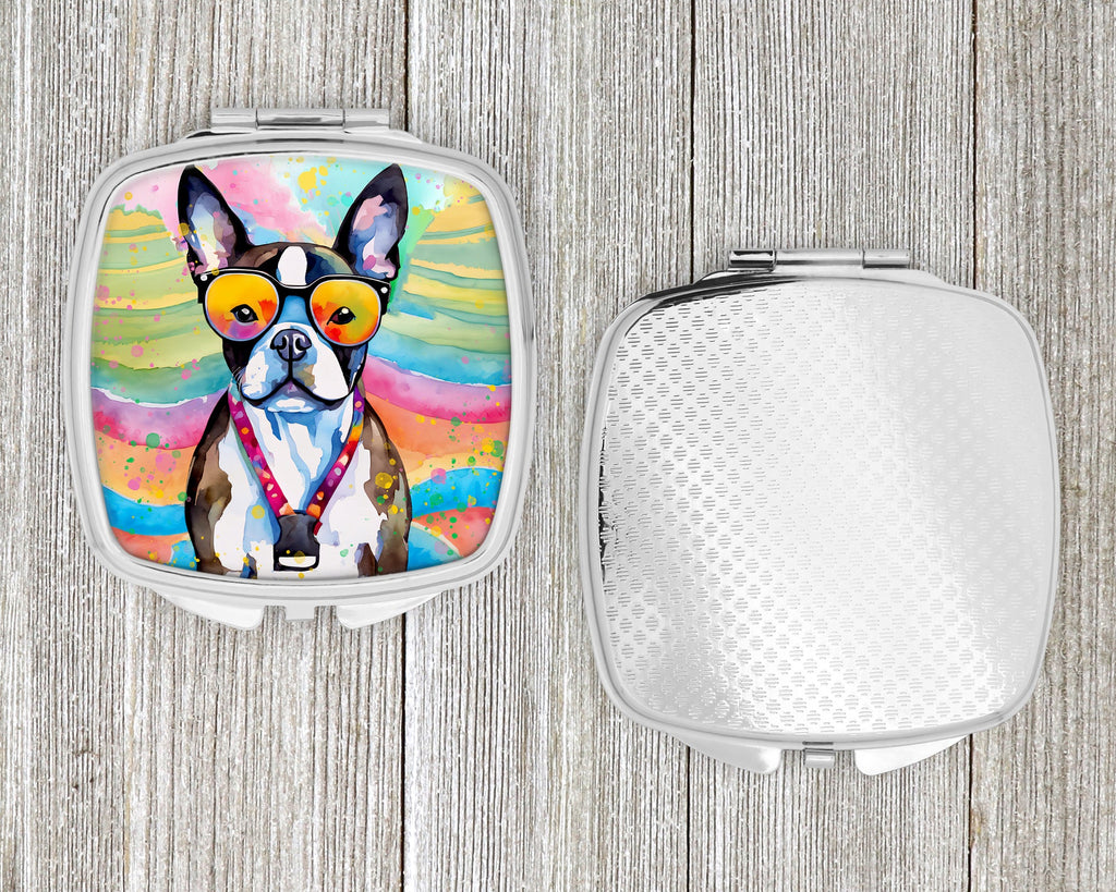 Boston Terrier Hippie Dawg Compact Mirror Decorative Travel Makeup Mirror for Women Girls Gifts Pocket Makeup Mirror Folding Handheld