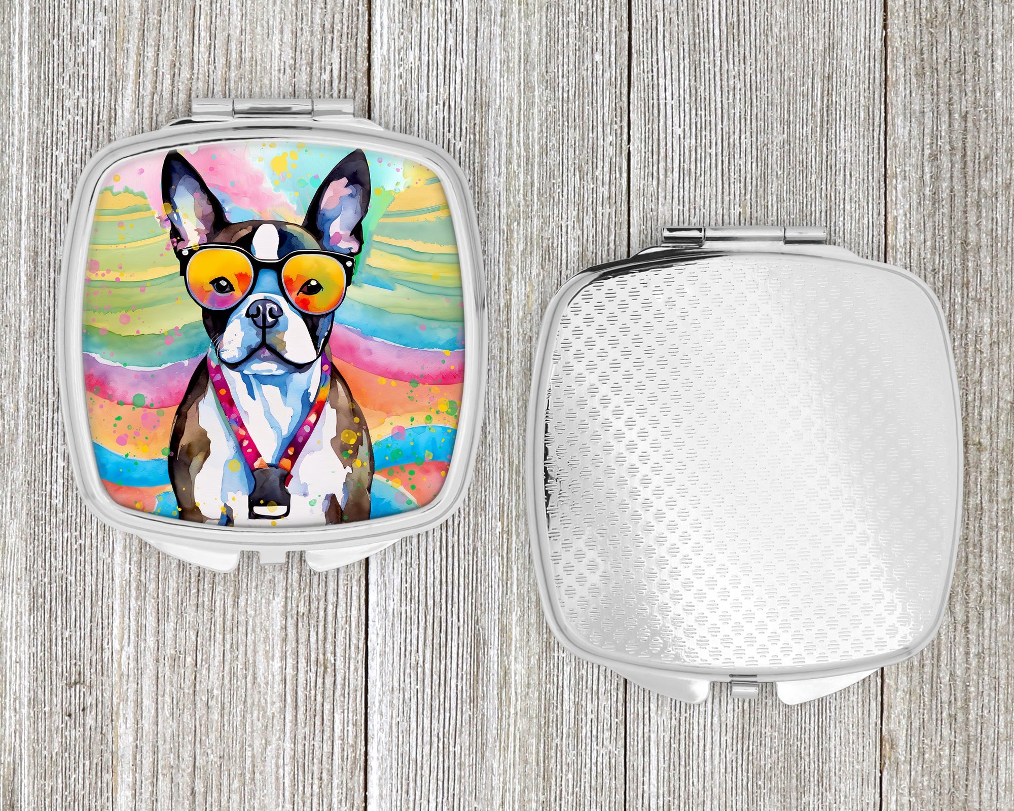 Boston Terrier Hippie Dawg Compact Mirror Decorative Travel Makeup Mirror for Women Girls Gifts Pocket Makeup Mirror Folding Handheld