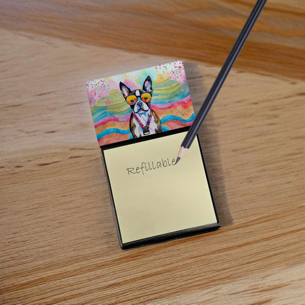 Boston Terrier Hippie Dawg Watercolor Sticky Note Holder Refillable Dispenser Desk Accessory 3x3 Pad Gift