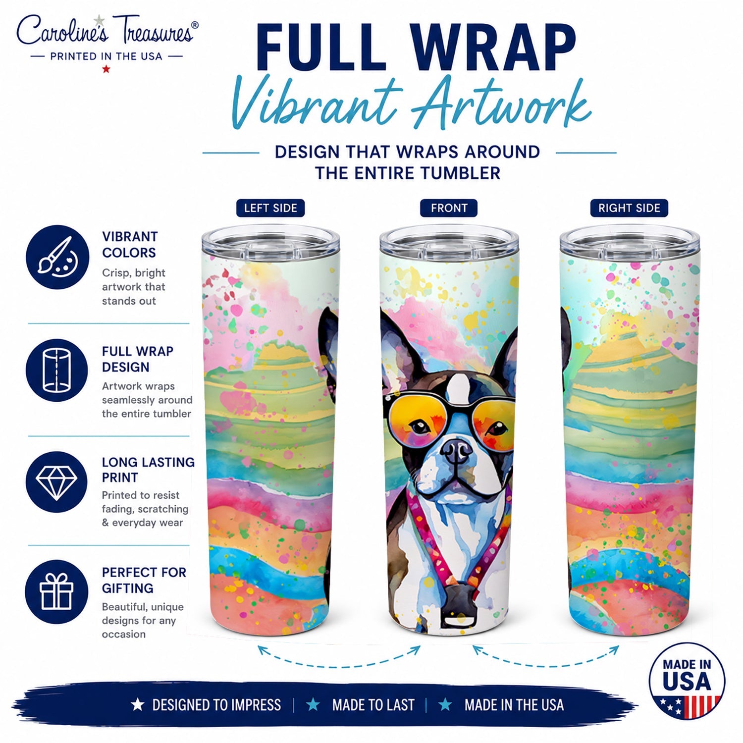 Boston Terrier Hippie Dawg Stainless Steel Skinny Tumbler 20 oz Vacuum Double Walled Reusable Insulated Travel Cup