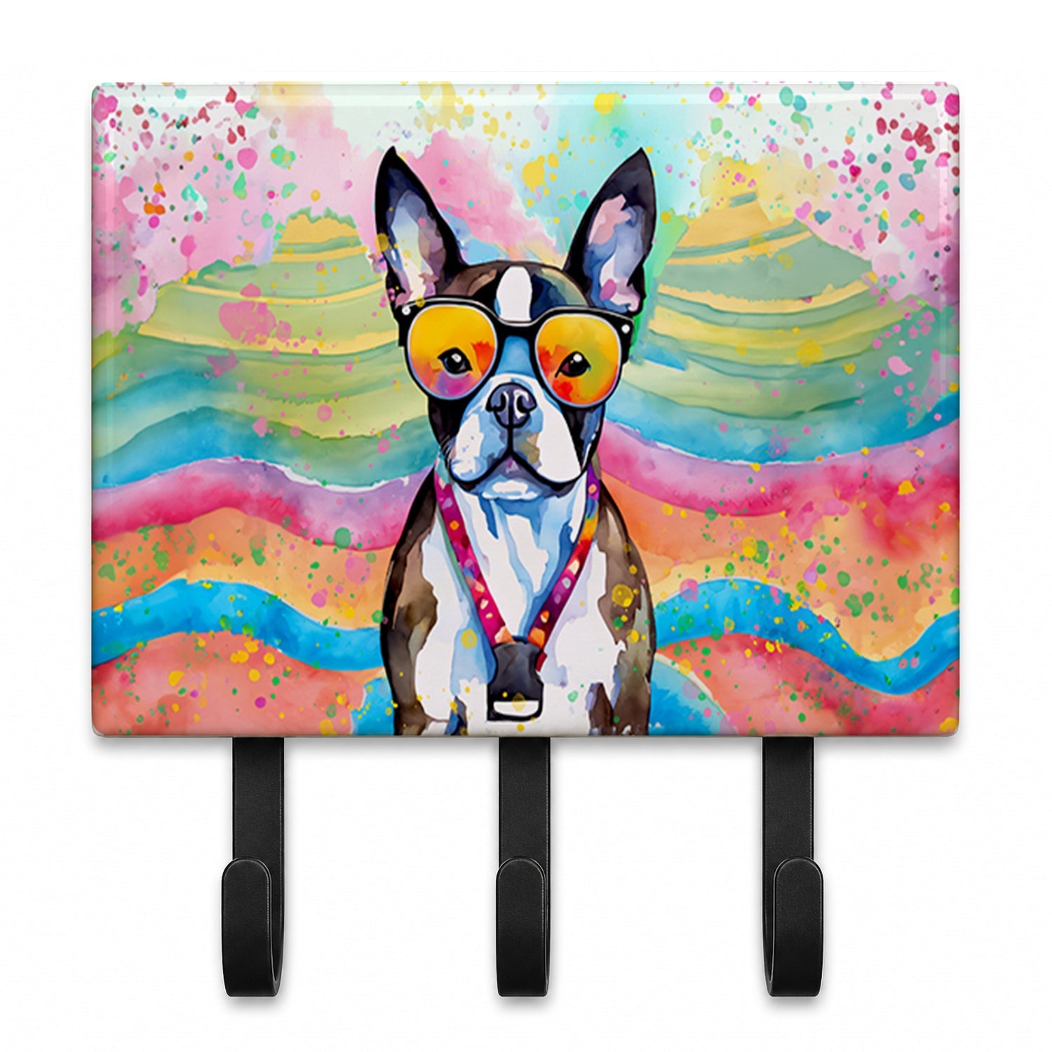 Boston Terrier Hippie Dawg Leash or Key Holder Wall Hooks, Coat Rack Wall Mount, for Hanging Keys, Towels, Aprons, Leashes
