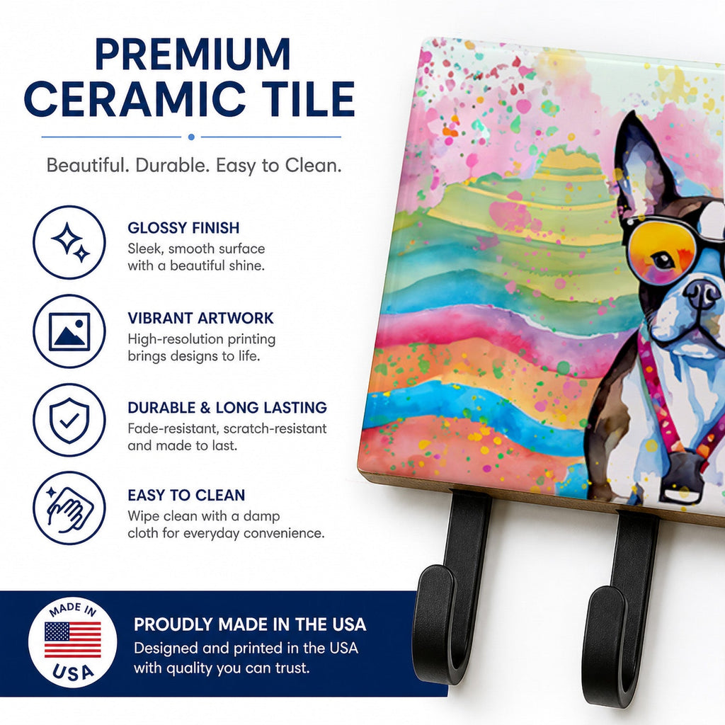 Boston Terrier Hippie Dawg Leash or Key Holder Wall Hooks, Coat Rack Wall Mount, for Hanging Keys, Towels, Aprons, Leashes