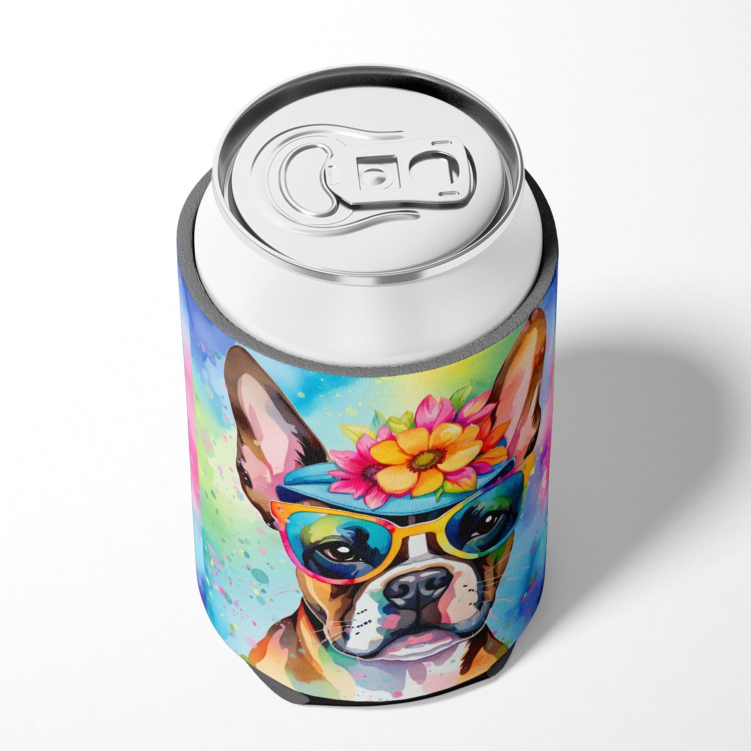 Boston Terrier Hippie Dawg Can or Bottle Hugger Cooler Sleeve for Standard 12 oz Cans, Insulated Foam Beer & Soda Can Hugger Reusable