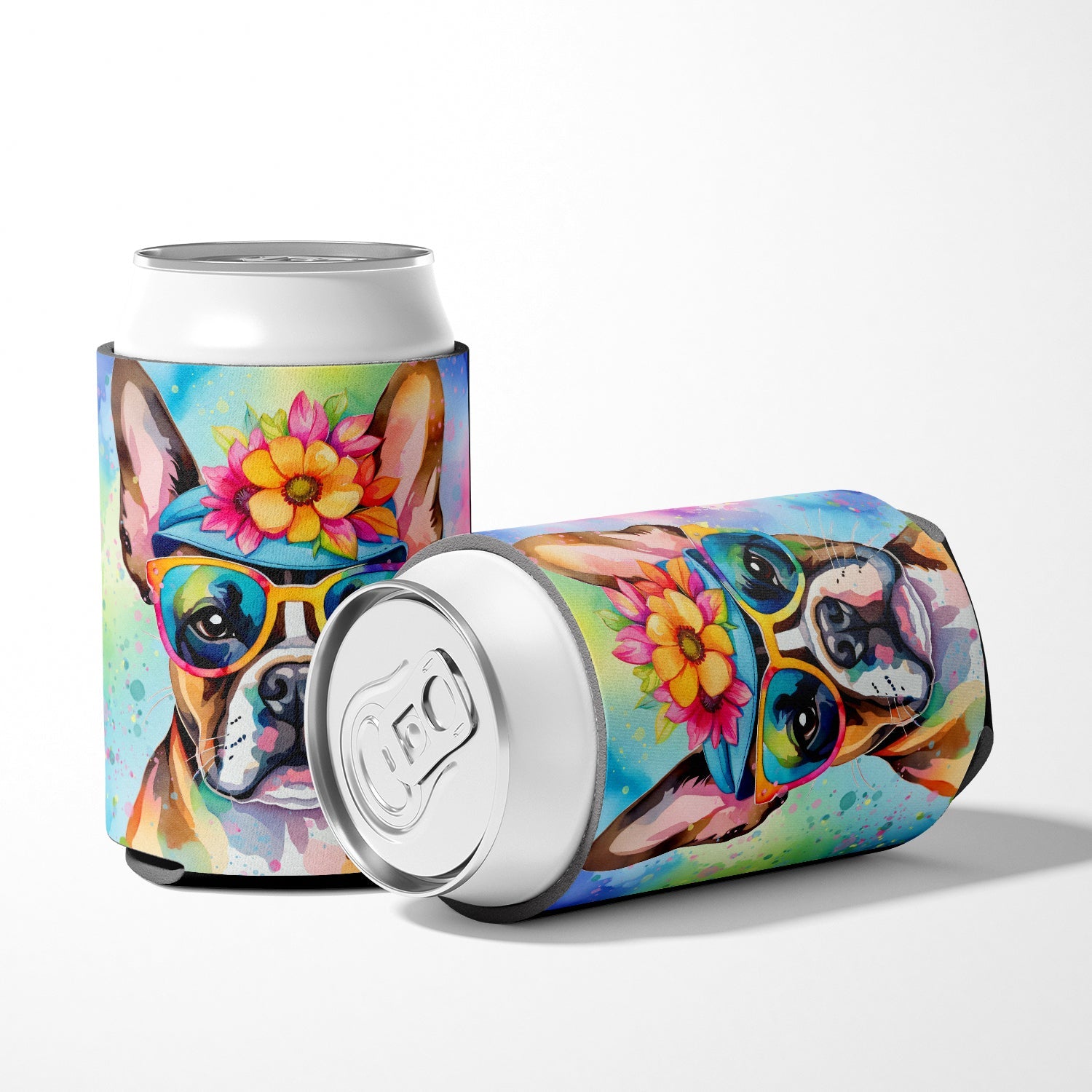 Boston Terrier Hippie Dawg Can or Bottle Hugger Cooler Sleeve for Standard 12 oz Cans, Insulated Foam Beer & Soda Can Hugger Reusable
