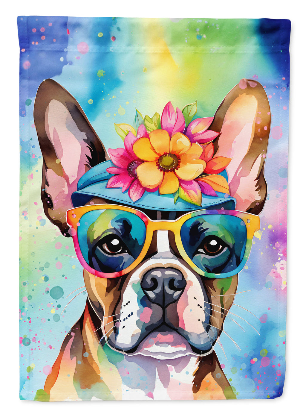 Boston Terrier Hippie Dawg House Flag 28x40 Porch Sleeve Pole Decorative Outside Yard Banner Artwork Wall Hanging, Polyester
