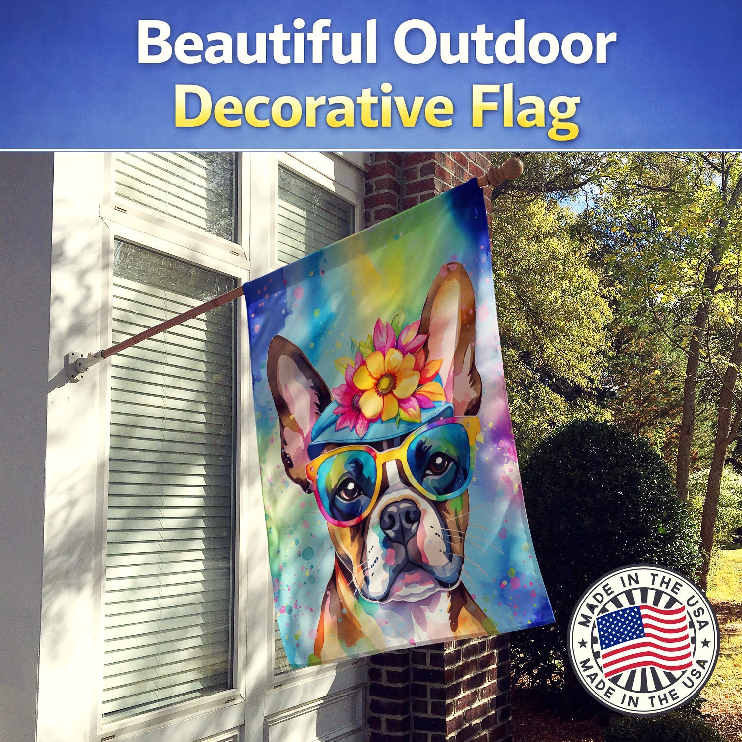 Boston Terrier Hippie Dawg House Flag 28x40 Porch Sleeve Pole Decorative Outside Yard Banner Artwork Wall Hanging, Polyester