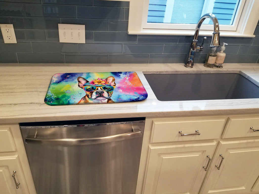 Boston Terrier Hippie Dawg Dish Drying Mat Absorbent Dish Drying Mat Pad for Kitchen Counter Dish Drainer Mat for Countertop, 14 x 21", Multicolor