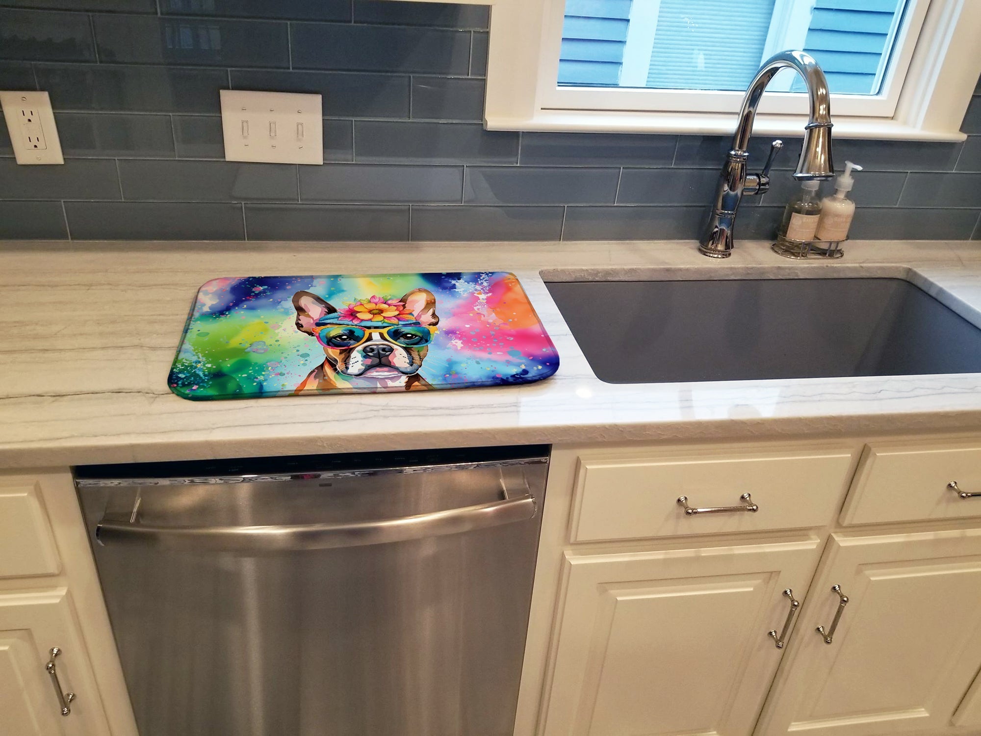 Boston Terrier Hippie Dawg Dish Drying Mat Absorbent Dish Drying Mat Pad for Kitchen Counter Dish Drainer Mat for Countertop, 14 x 21", Multicolor