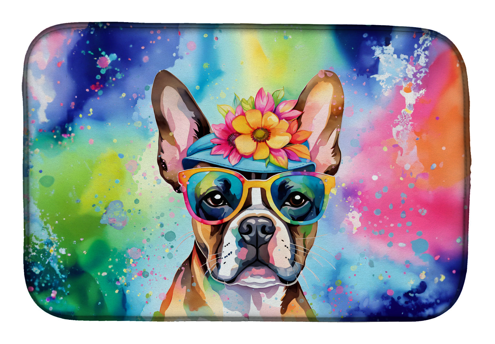 Boston Terrier Hippie Dawg Dish Drying Mat Absorbent Dish Drying Mat Pad for Kitchen Counter Dish Drainer Mat for Countertop, 14 x 21", Multicolor