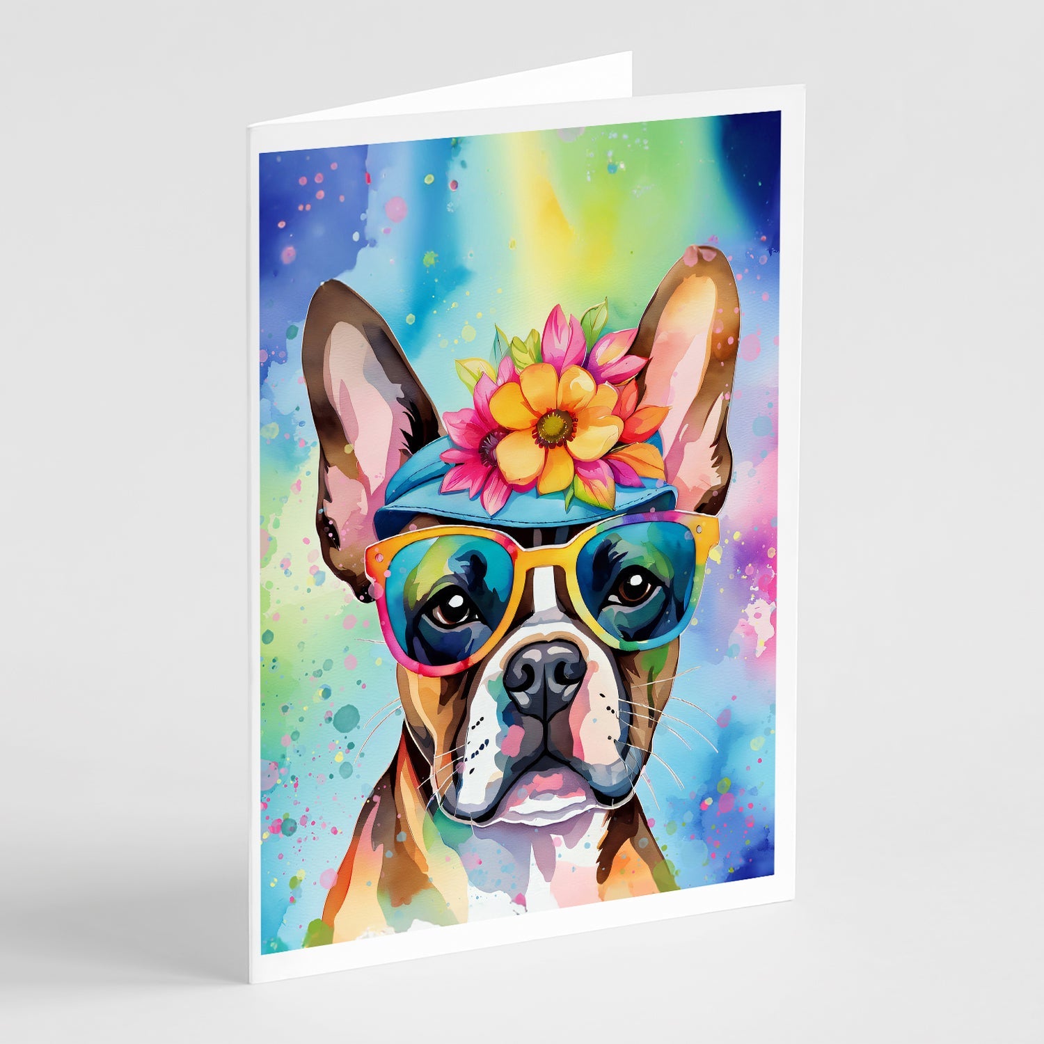 Boston Terrier Hippie Dawg Greeting Cards Pack of 8 Blank Cards with Envelopes Whimsical A7 Size 5x7