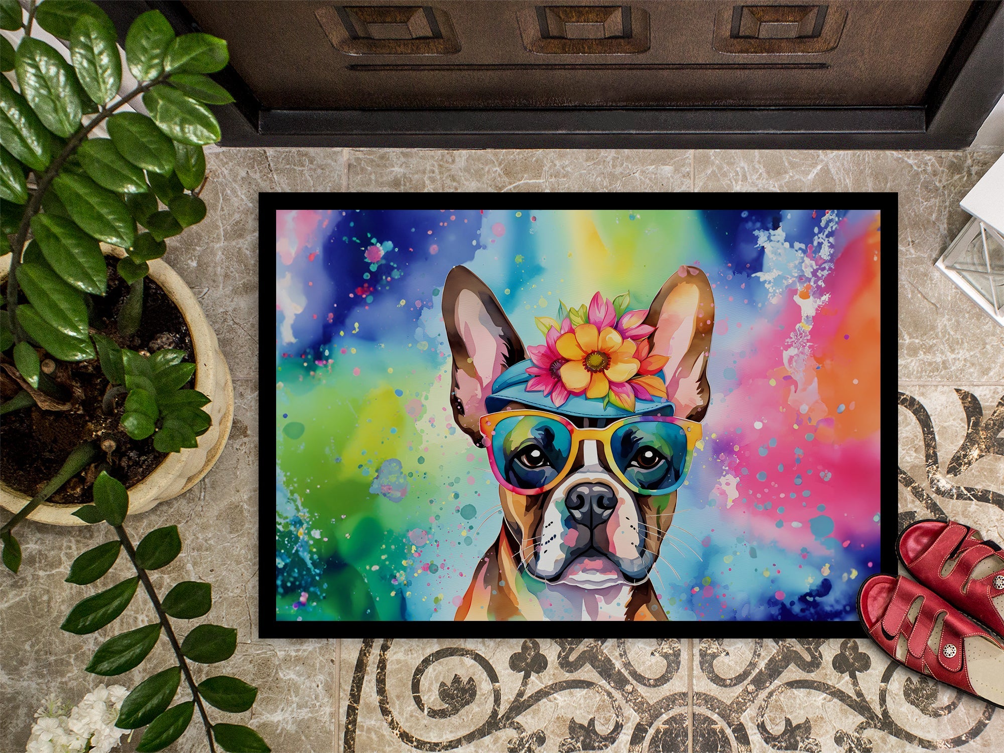 Boston Terrier Hippie Dawg Doormat Indoor Outdoor 24H X 36W Front Door Mat Rugs for Entryway, Non Slip Washable Low Pile,