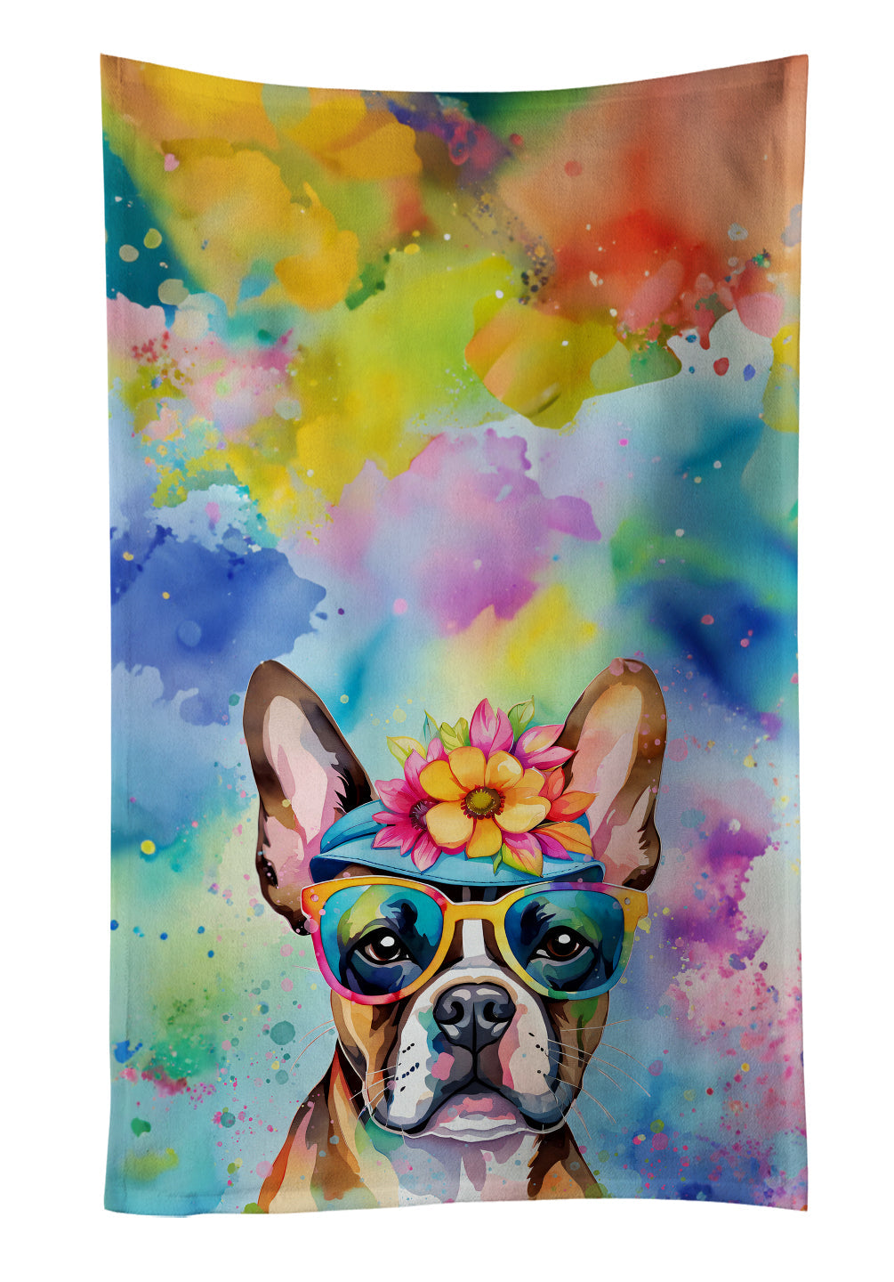 Boston Terrier Hippie Dawg Kitchen Towel Velour Plush Front and Cotton Loop Back Machine Washable