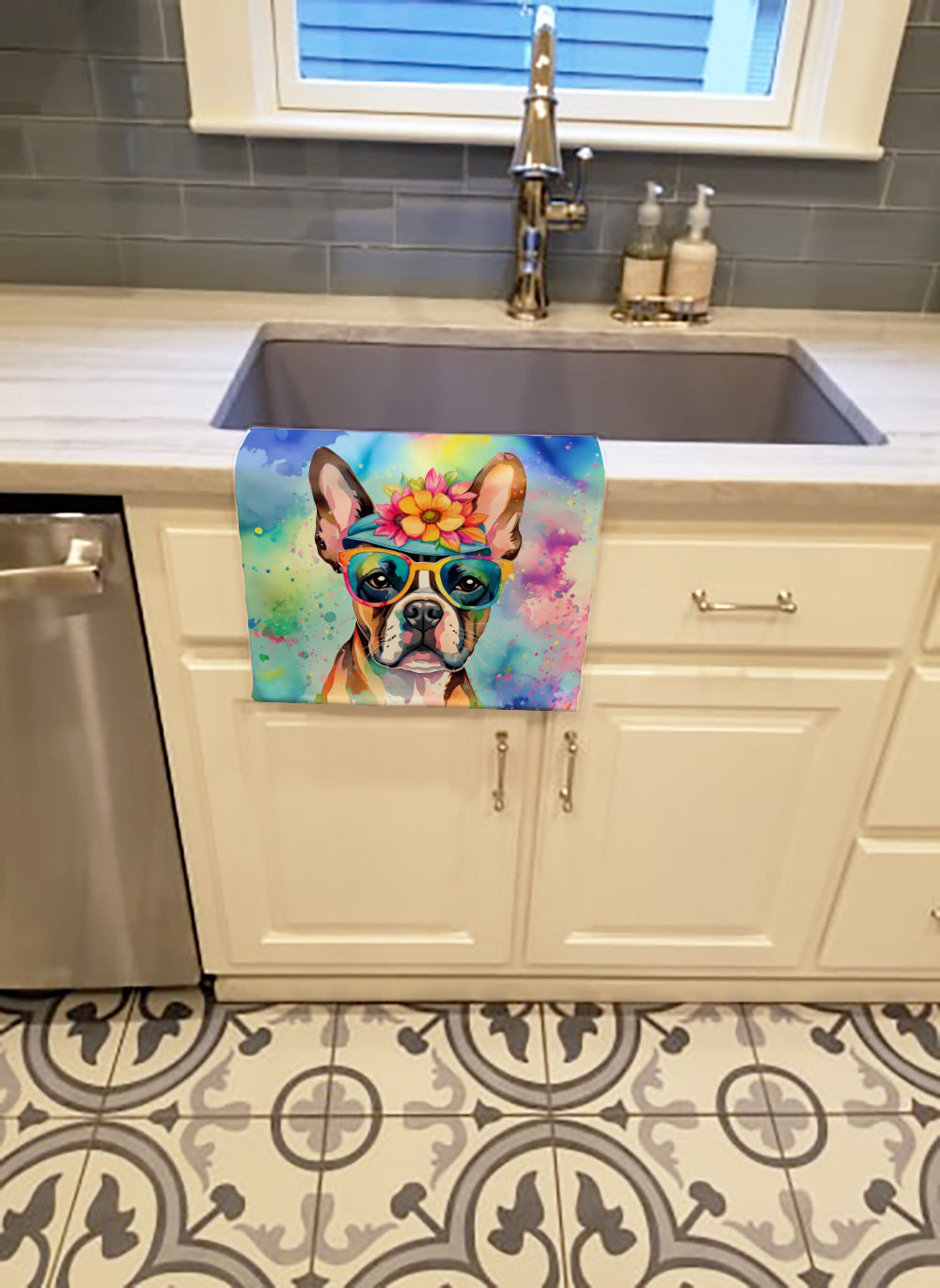 Boston Terrier Hippie Dawg Kitchen Towel Velour Plush Front and Cotton Loop Back Machine Washable