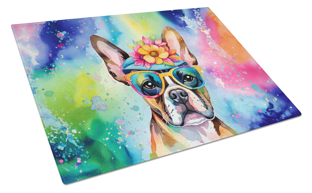 Boston Terrier Hippie Dawg Cutting Board Tempered Glass Kitchen Cutting Surface, Heat Resistant Chopping, Non-Slip Feet, Food Prep & Serving