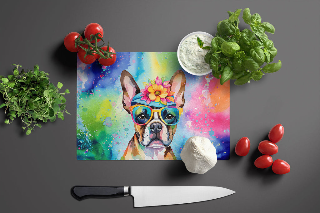 Boston Terrier Hippie Dawg Cutting Board Tempered Glass Kitchen Cutting Surface, Heat Resistant Chopping, Non-Slip Feet, Food Prep & Serving