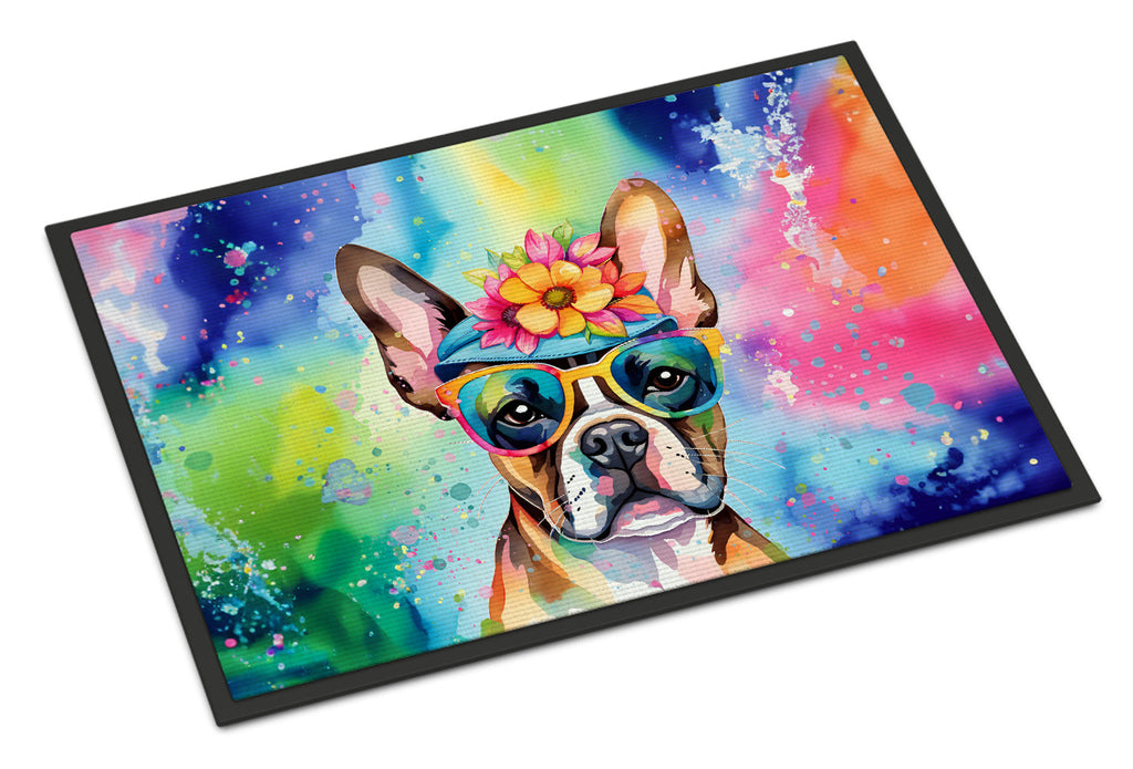 Boston Terrier Hippie Dawg Doormat Indoor Outdoor 18H X 27W Front Door Mat Rugs for Entryway, Non Slip Washable