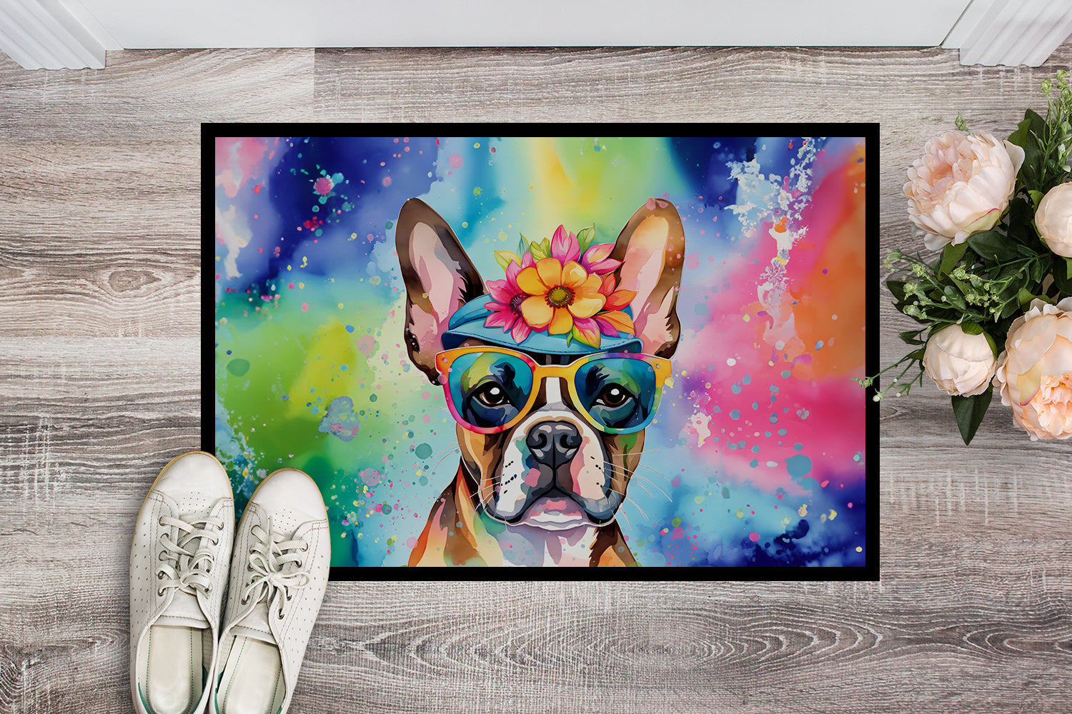 Boston Terrier Hippie Dawg Doormat Indoor Outdoor 18H X 27W Front Door Mat Rugs for Entryway, Non Slip Washable