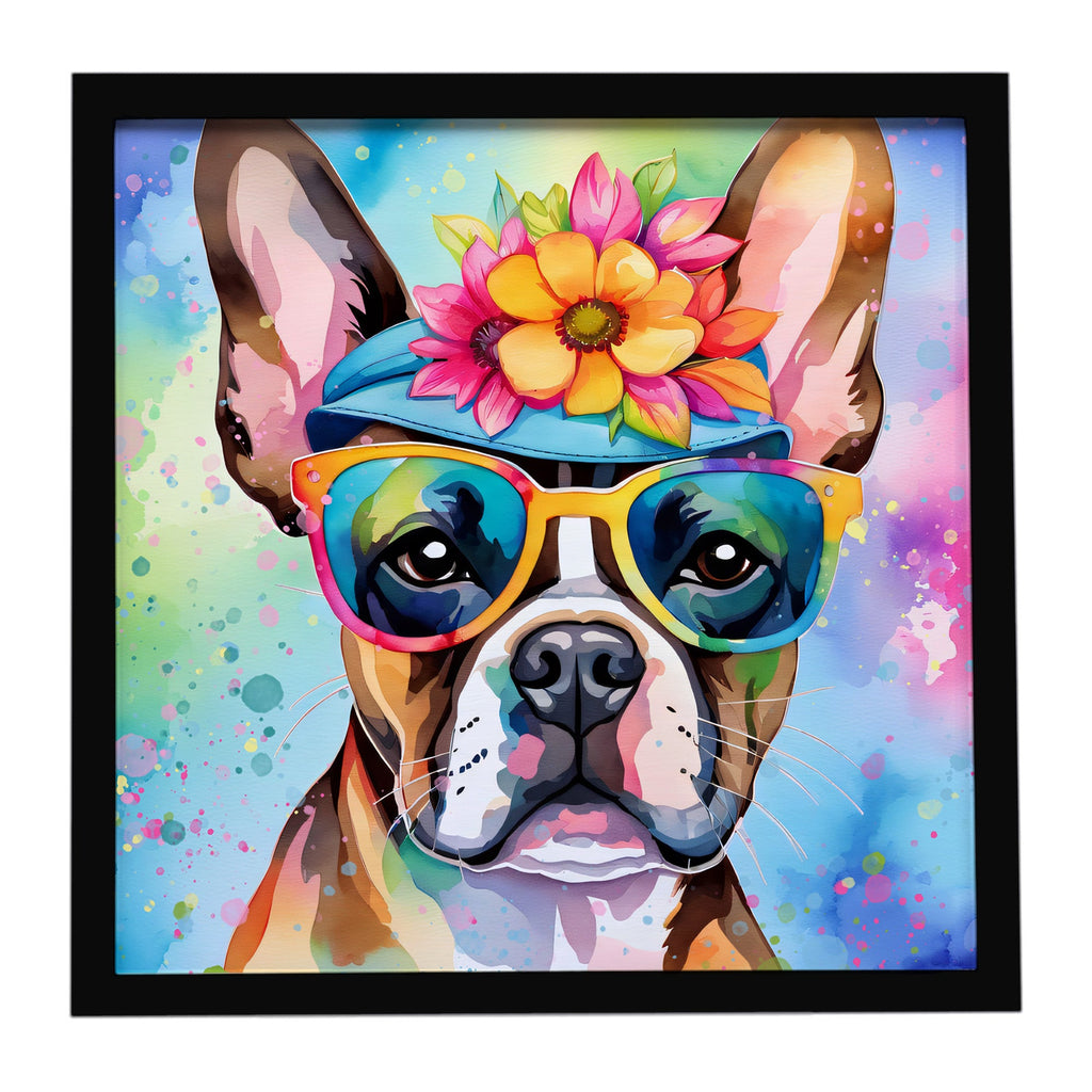 Boston Terrier Hippie Dawg Framed Metal Print Bathroom, Kitchen, Office, Home Decor Wall Art Ready to Hang, Square, 8X8