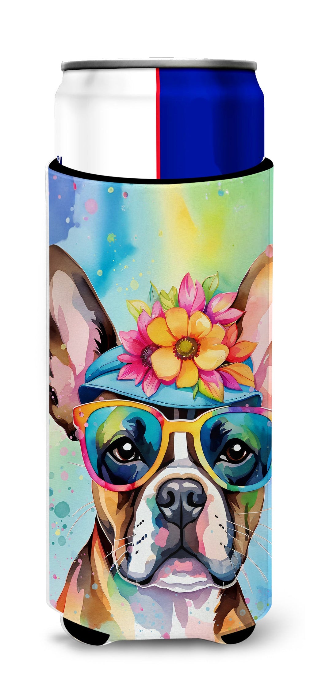 Boston Terrier Hippie Dawg Slim Can Hugger , Insulated Foam Hugger for 12 oz Slim Cans, Beer Bottles & Water Bottles, Printed in USA