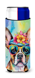 Boston Terrier Hippie Dawg Slim Can Hugger , Insulated Foam Hugger for 12 oz Slim Cans, Beer Bottles & Water Bottles, Printed in USA