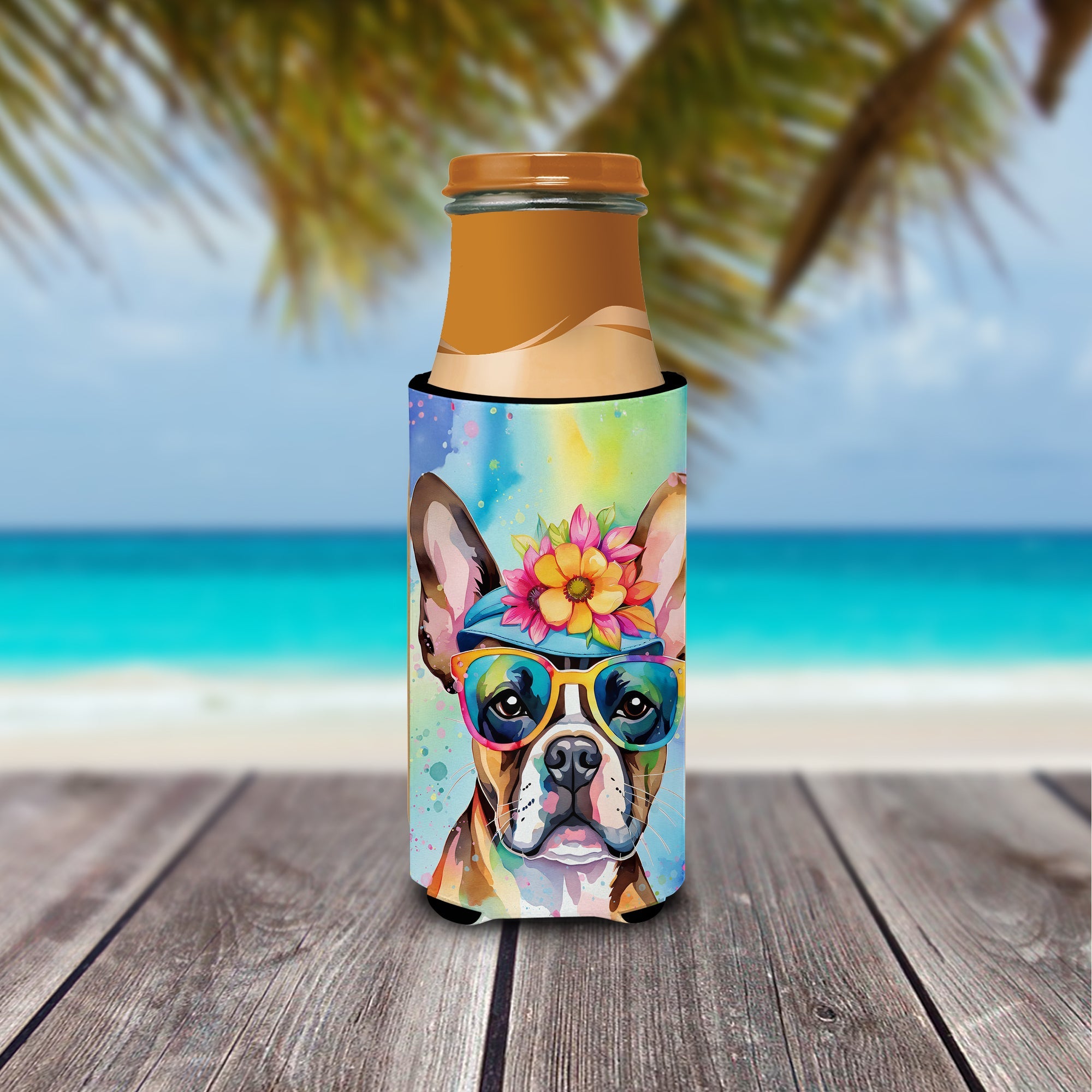 Boston Terrier Hippie Dawg Slim Can Hugger , Insulated Foam Hugger for 12 oz Slim Cans, Beer Bottles & Water Bottles, Printed in USA