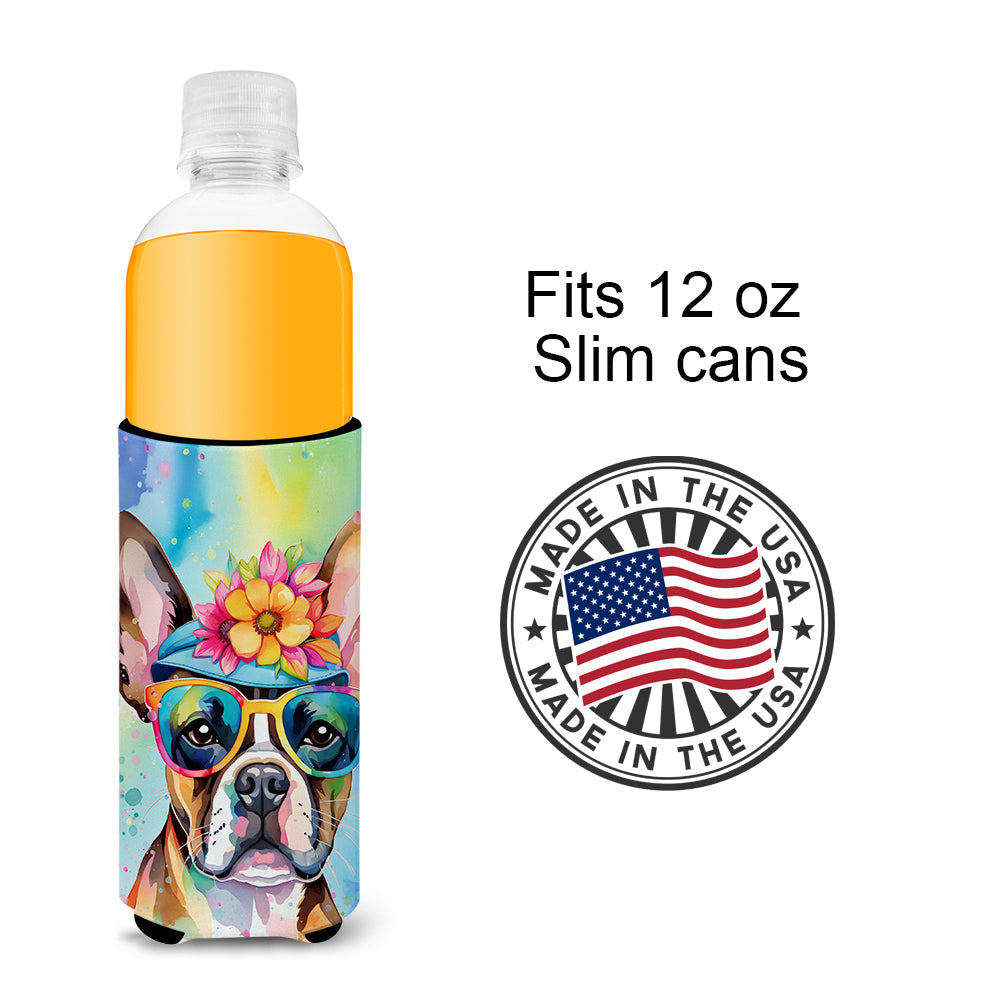 Boston Terrier Hippie Dawg Slim Can Hugger , Insulated Foam Hugger for 12 oz Slim Cans, Beer Bottles & Water Bottles, Printed in USA