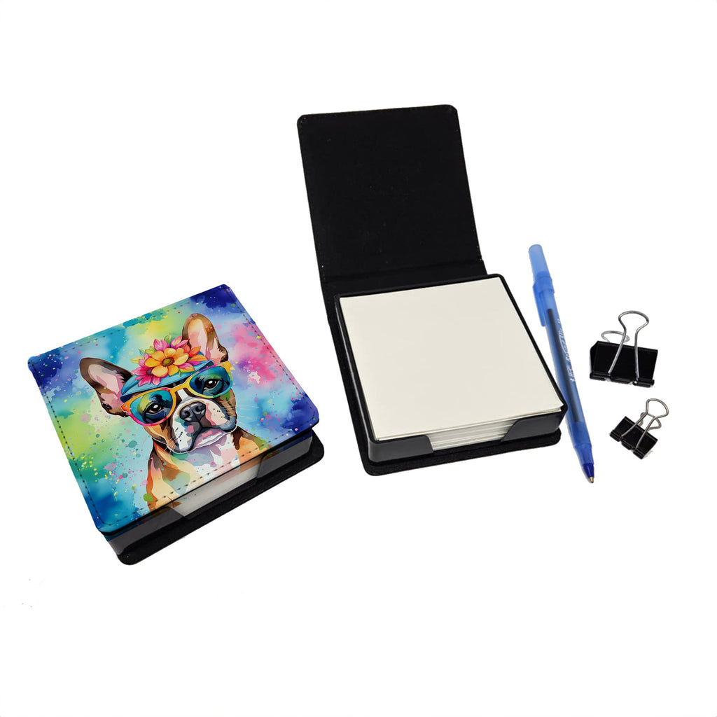 Boston Terrier Hippie Dawg PU Leather Note Paper Holder with Artist-Designed Cover, Desk Accessory, Office Gift