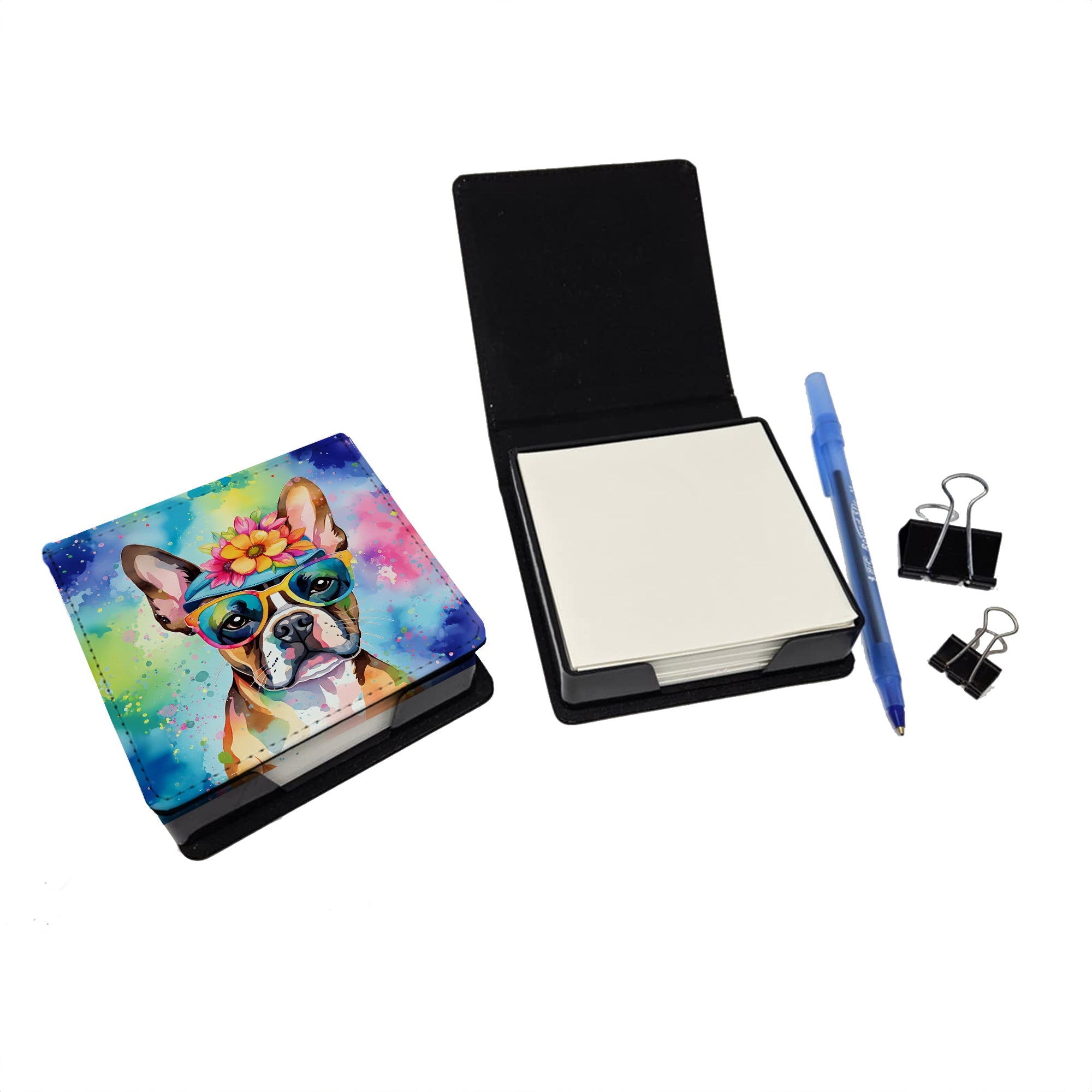Boston Terrier Hippie Dawg PU Leather Note Paper Holder with Artist-Designed Cover, Desk Accessory, Office Gift