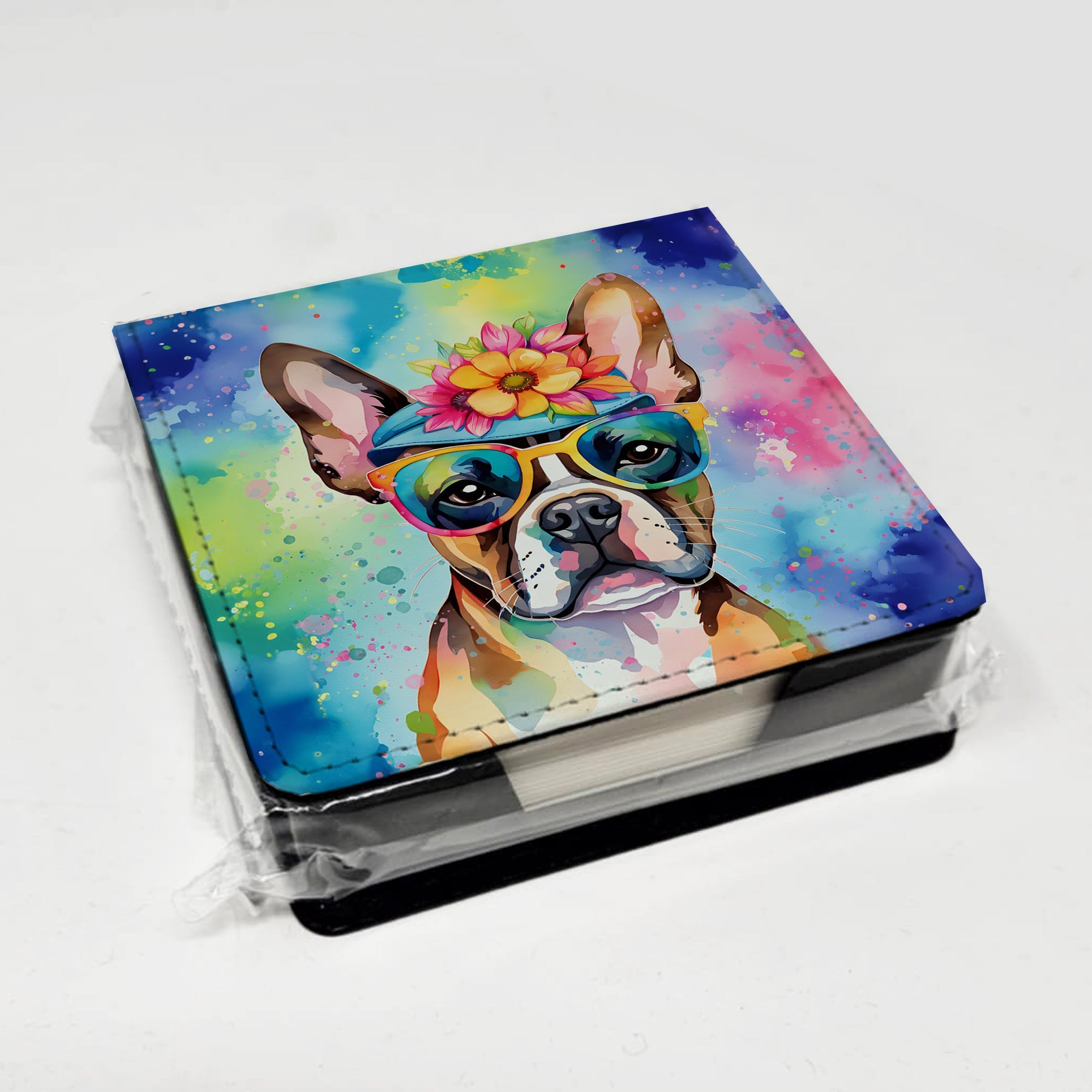 Boston Terrier Hippie Dawg PU Leather Note Paper Holder with Artist-Designed Cover, Desk Accessory, Office Gift