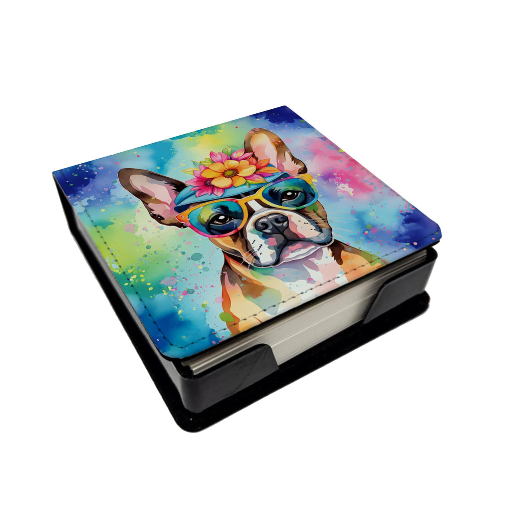 Boston Terrier Hippie Dawg PU Leather Note Paper Holder with Artist-Designed Cover, Desk Accessory, Office Gift