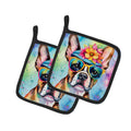 Boston Terrier Hippie Dawg Pot Holder Set of 2 Heat Resistant Quilted Hot Pads 7.5 x 7.5 Inch, Insulated Kitchen Trivets for Cooking & Baking