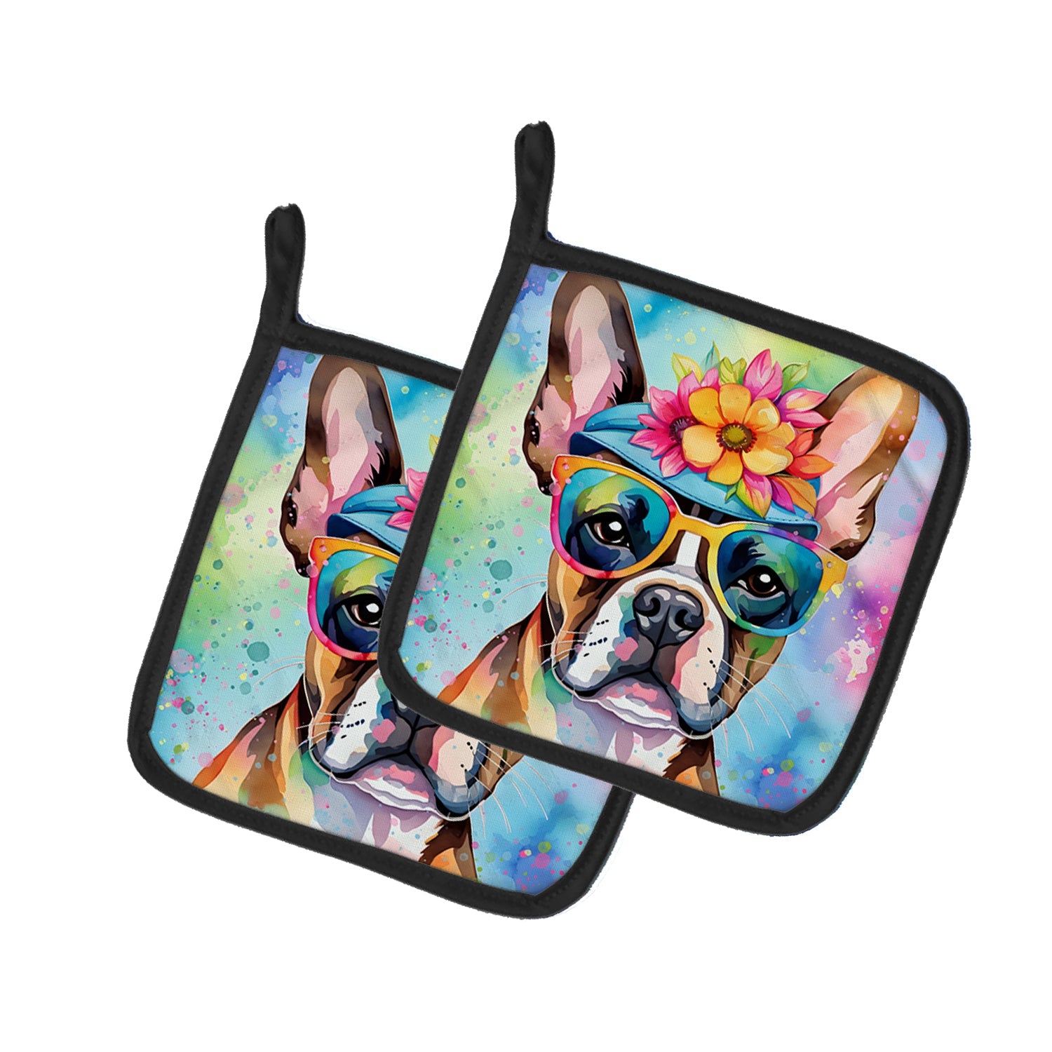 Boston Terrier Hippie Dawg Pot Holder Set of 2 Heat Resistant Quilted Hot Pads 7.5 x 7.5 Inch, Insulated Kitchen Trivets for Cooking & Baking