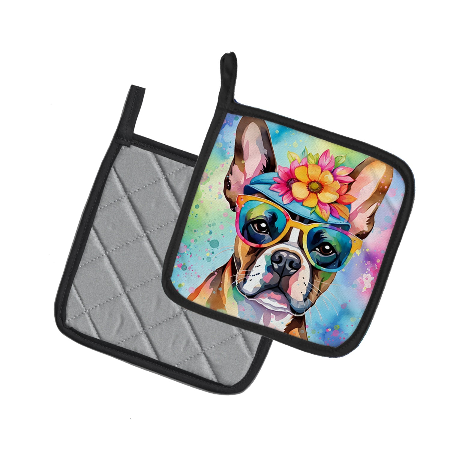 Boston Terrier Hippie Dawg Pot Holder Set of 2 Heat Resistant Quilted Hot Pads 7.5 x 7.5 Inch, Insulated Kitchen Trivets for Cooking & Baking