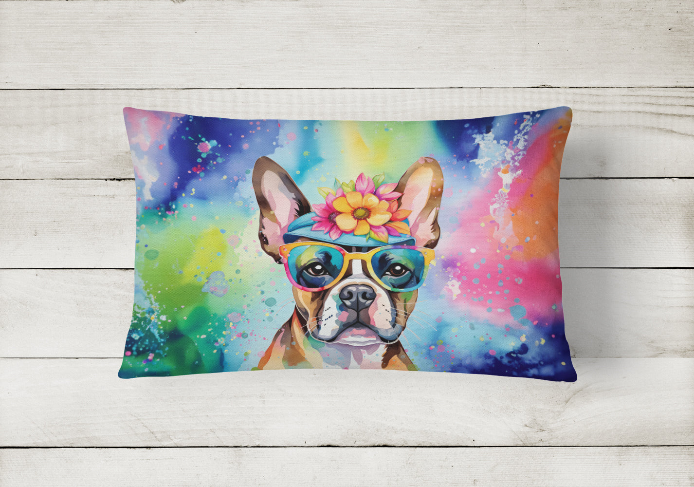 Boston Terrier Hippie Dawg Decorative Throw Pillow 12x16 Indoor Outdoor Accent Cushion, Fabric Cover with Insert for Sofa, Bed, Porch & Living Room