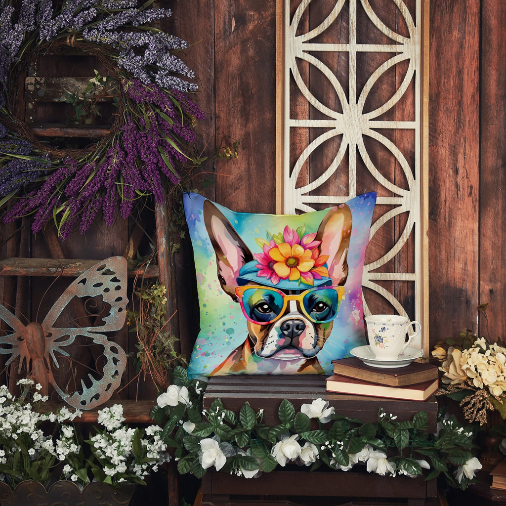 Boston Terrier Hippie Dawg Decorative Throw Pillow 14x14 Indoor Outdoor Accent Cushion, Fabric Cover with Insert for Sofa, Bed, Porch & Living Room