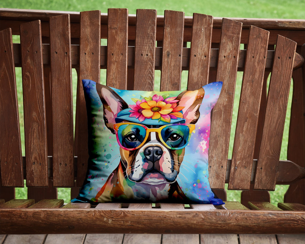 Boston Terrier Hippie Dawg Decorative Throw Pillow 14x14 Indoor Outdoor Accent Cushion, Fabric Cover with Insert for Sofa, Bed, Porch & Living Room