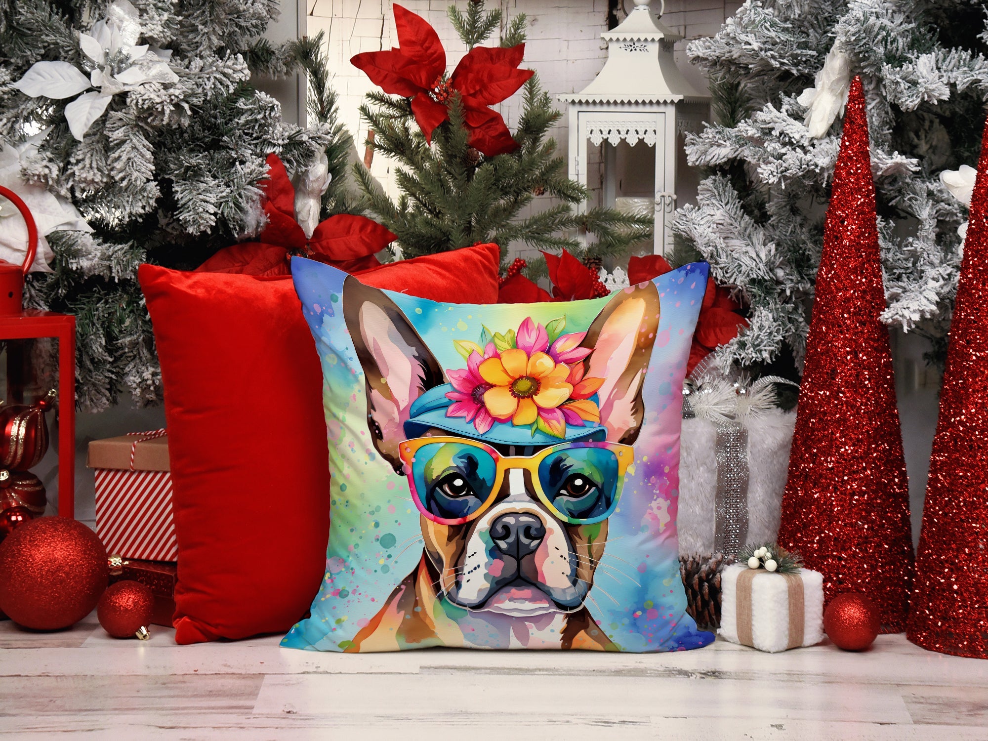 Boston Terrier Hippie Dawg Decorative Throw Pillow 18x18 Indoor Outdoor Accent Cushion, Fabric Cover with Insert for Sofa, Bed, Porch & Living Room
