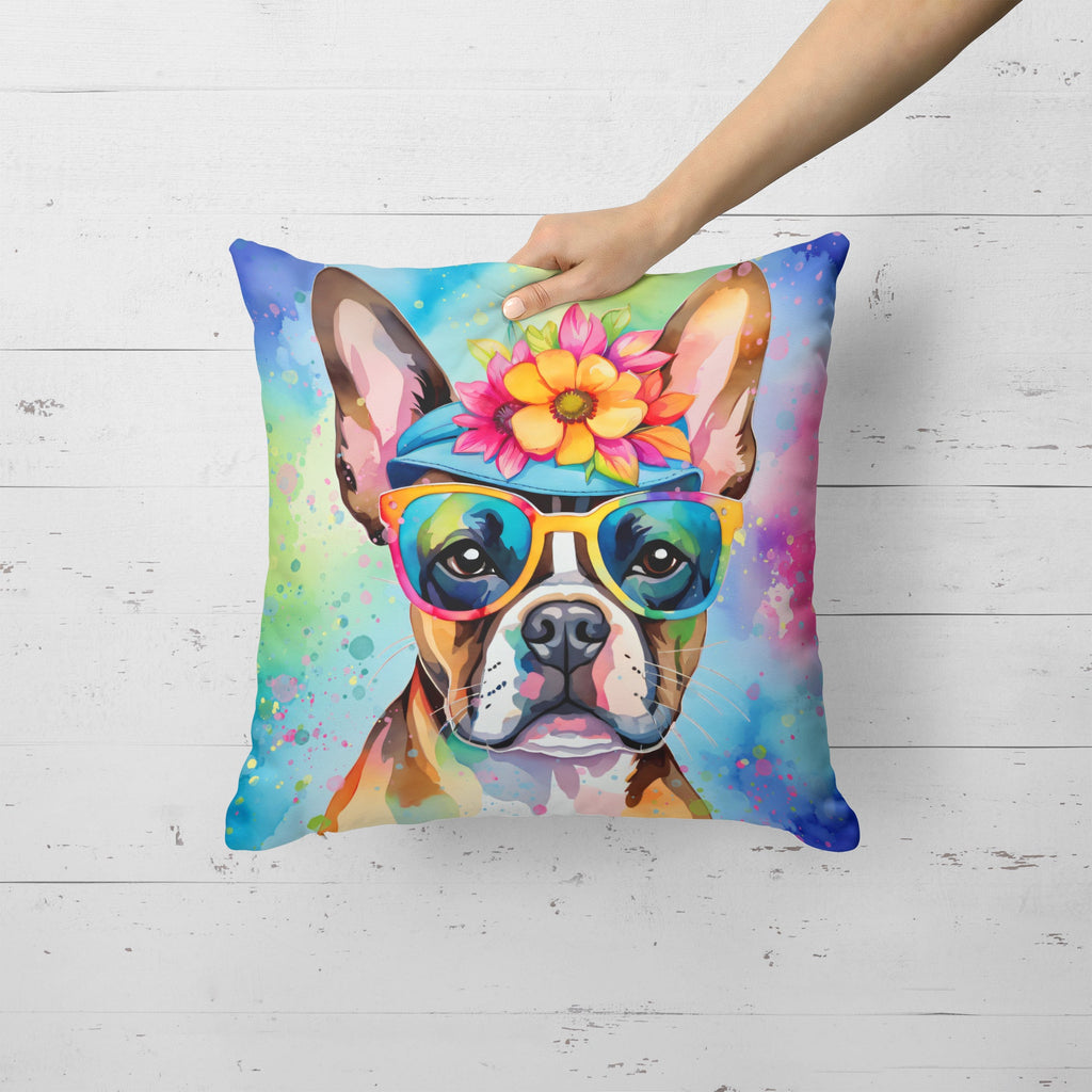 Boston Terrier Hippie Dawg Decorative Throw Pillow 18x18 Indoor Outdoor Accent Cushion, Fabric Cover with Insert for Sofa, Bed, Porch & Living Room