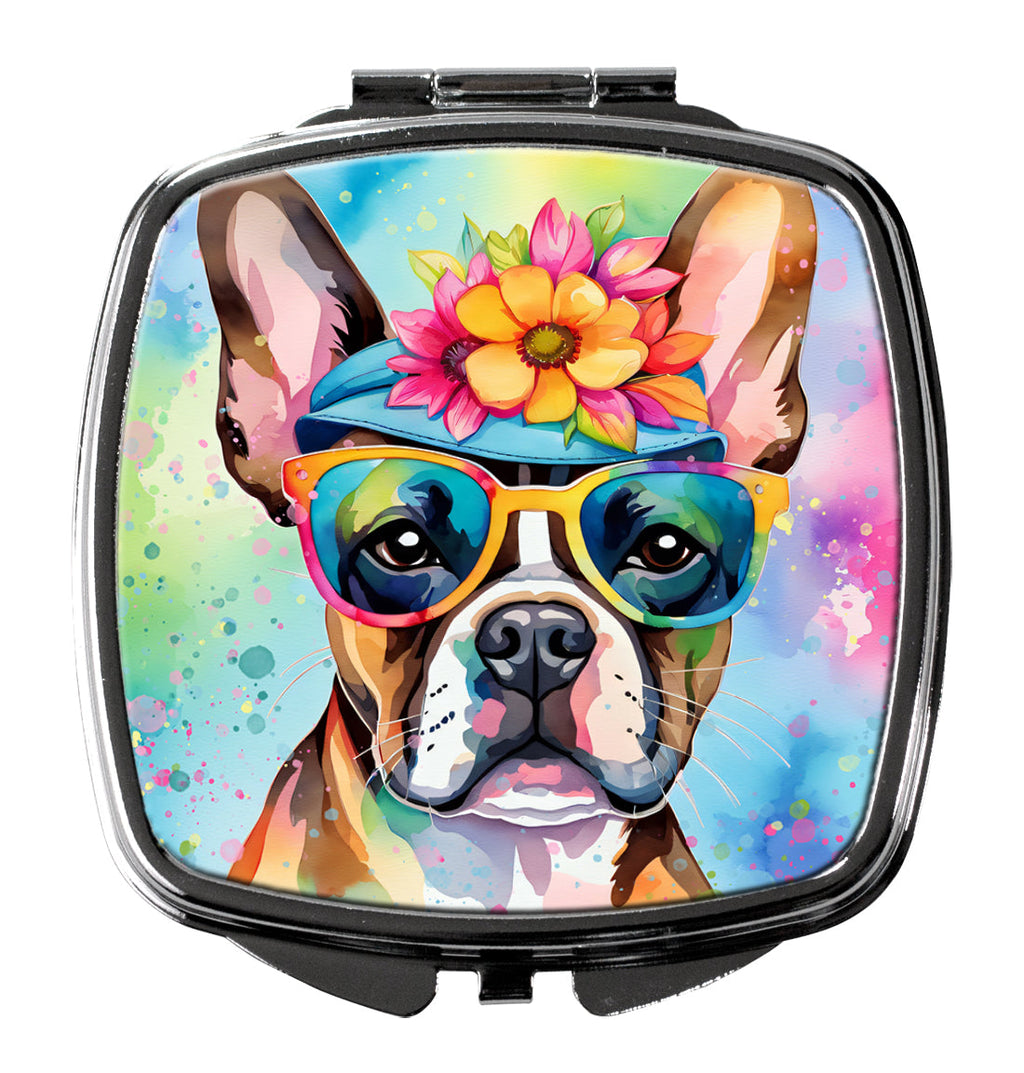 Boston Terrier Hippie Dawg Compact Mirror Decorative Travel Makeup Mirror for Women Girls Gifts Pocket Makeup Mirror Folding Handheld