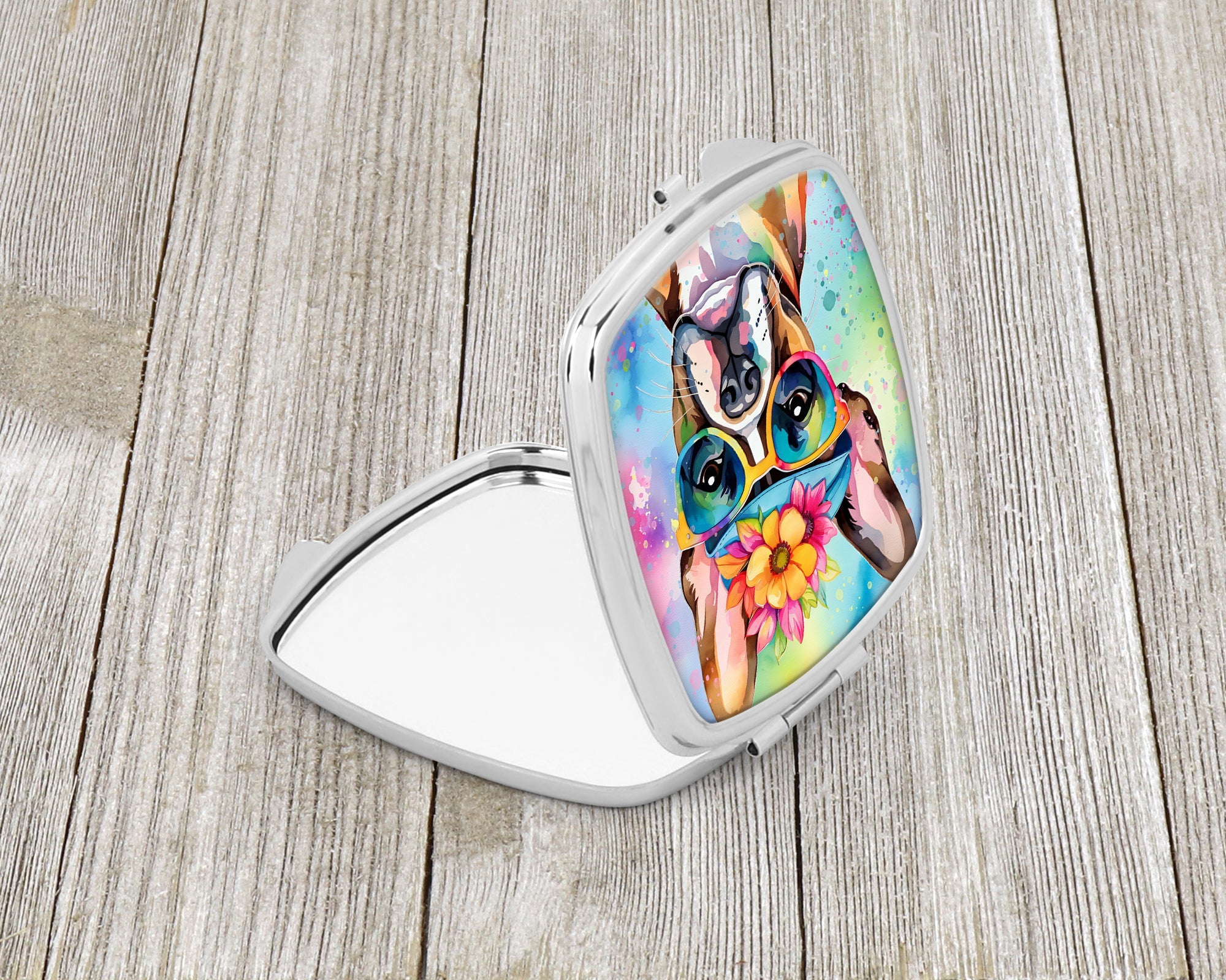 Boston Terrier Hippie Dawg Compact Mirror Decorative Travel Makeup Mirror for Women Girls Gifts Pocket Makeup Mirror Folding Handheld